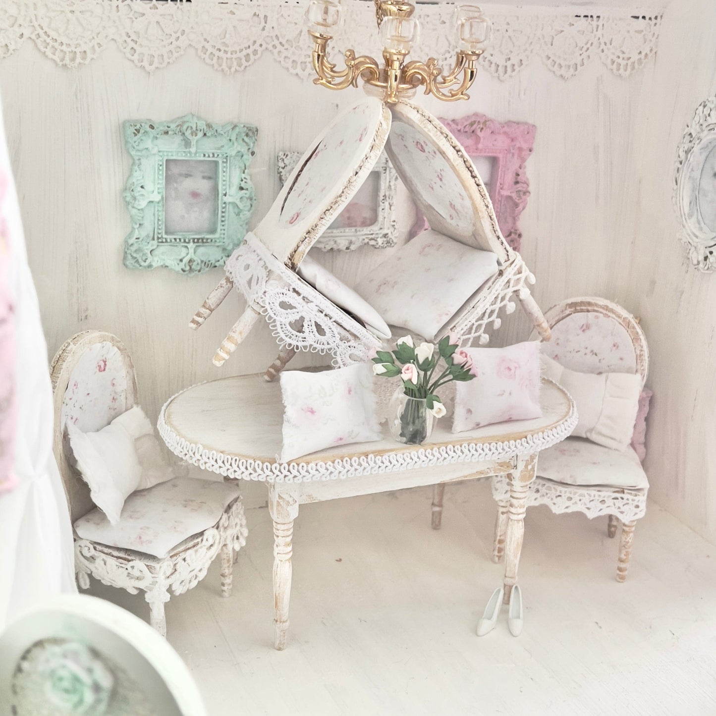 Chantallena White Bed Linens Dining Table and Four Chairs| Wooden Distressed White | Painted Petals Furniture
