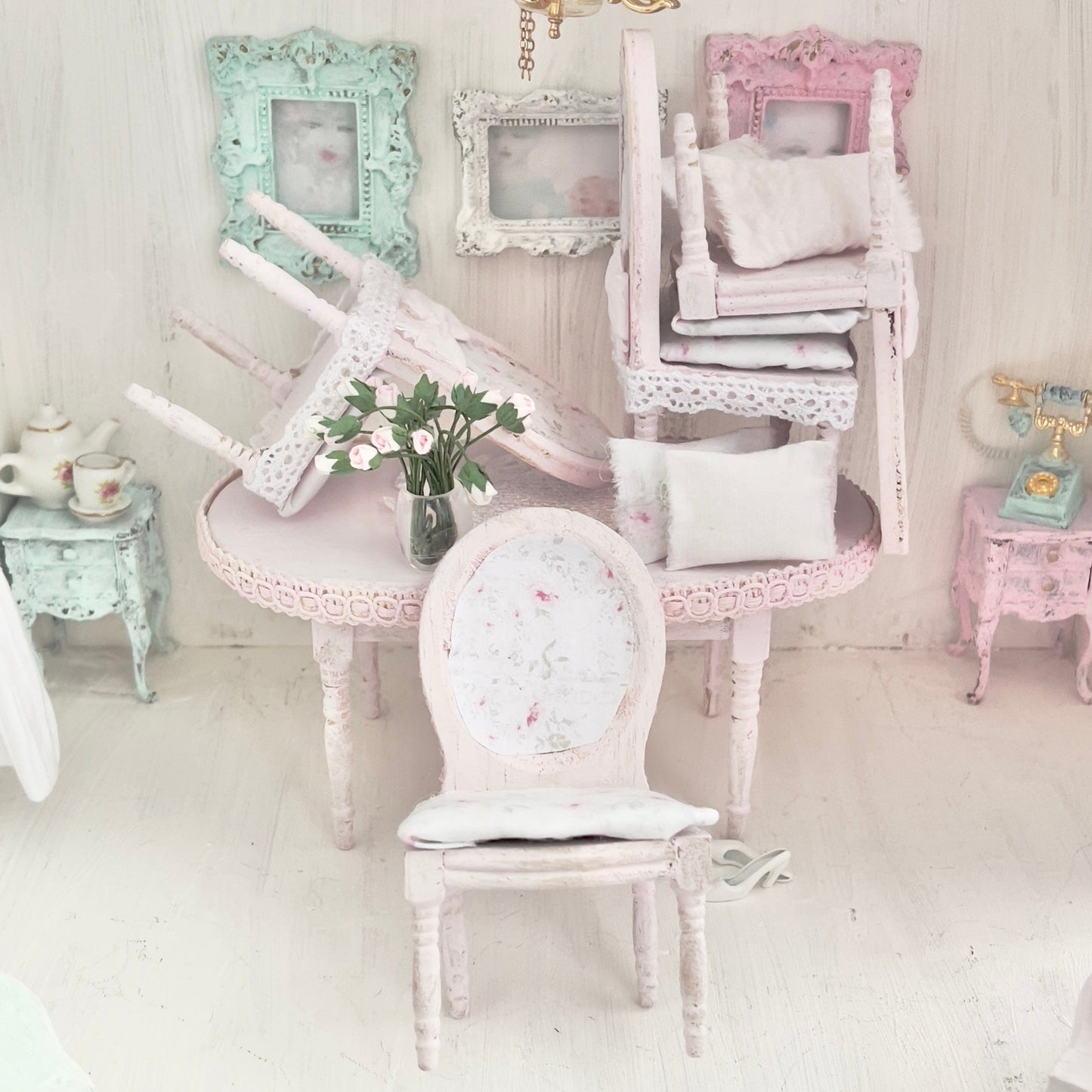 Chantallena White Bed Linens Dining Table and Four Chairs| Wooden Pink Distressed| Painted Petals Furniture