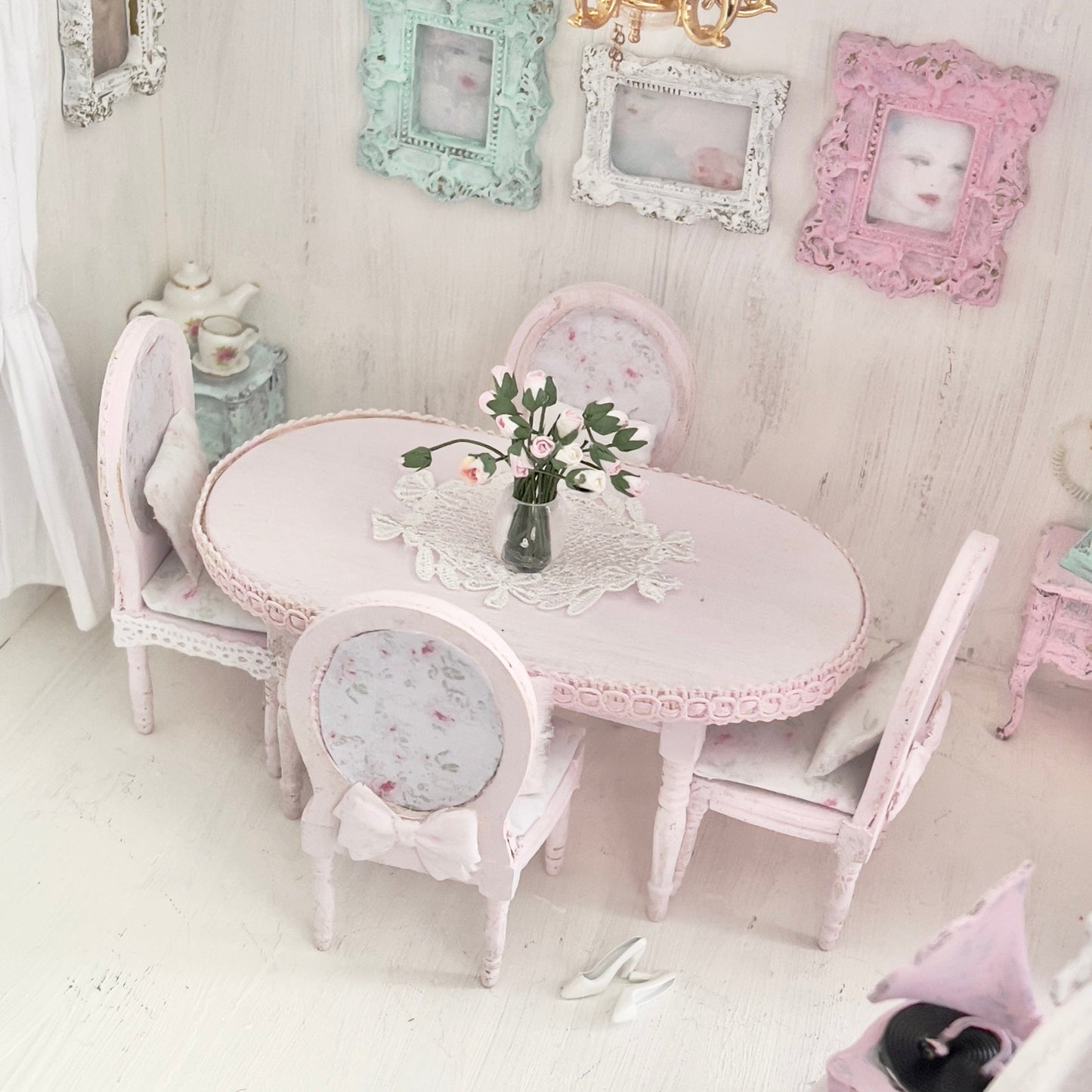 Chantallena White Bed Linens Dining Table and Four Chairs| Wooden Pink Distressed| Painted Petals Furniture