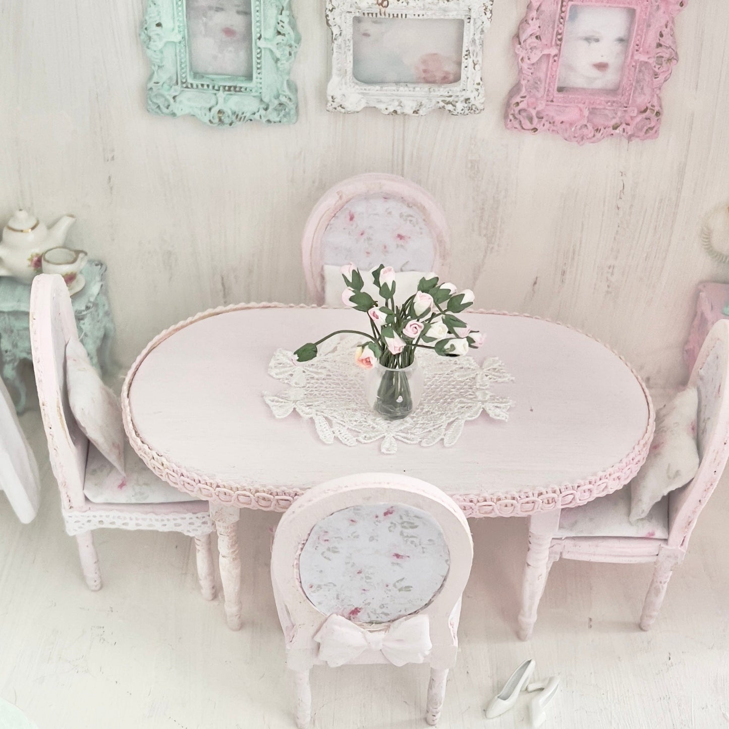 Chantallena White Bed Linens Dining Table and Four Chairs| Wooden Pink Distressed| Painted Petals Furniture