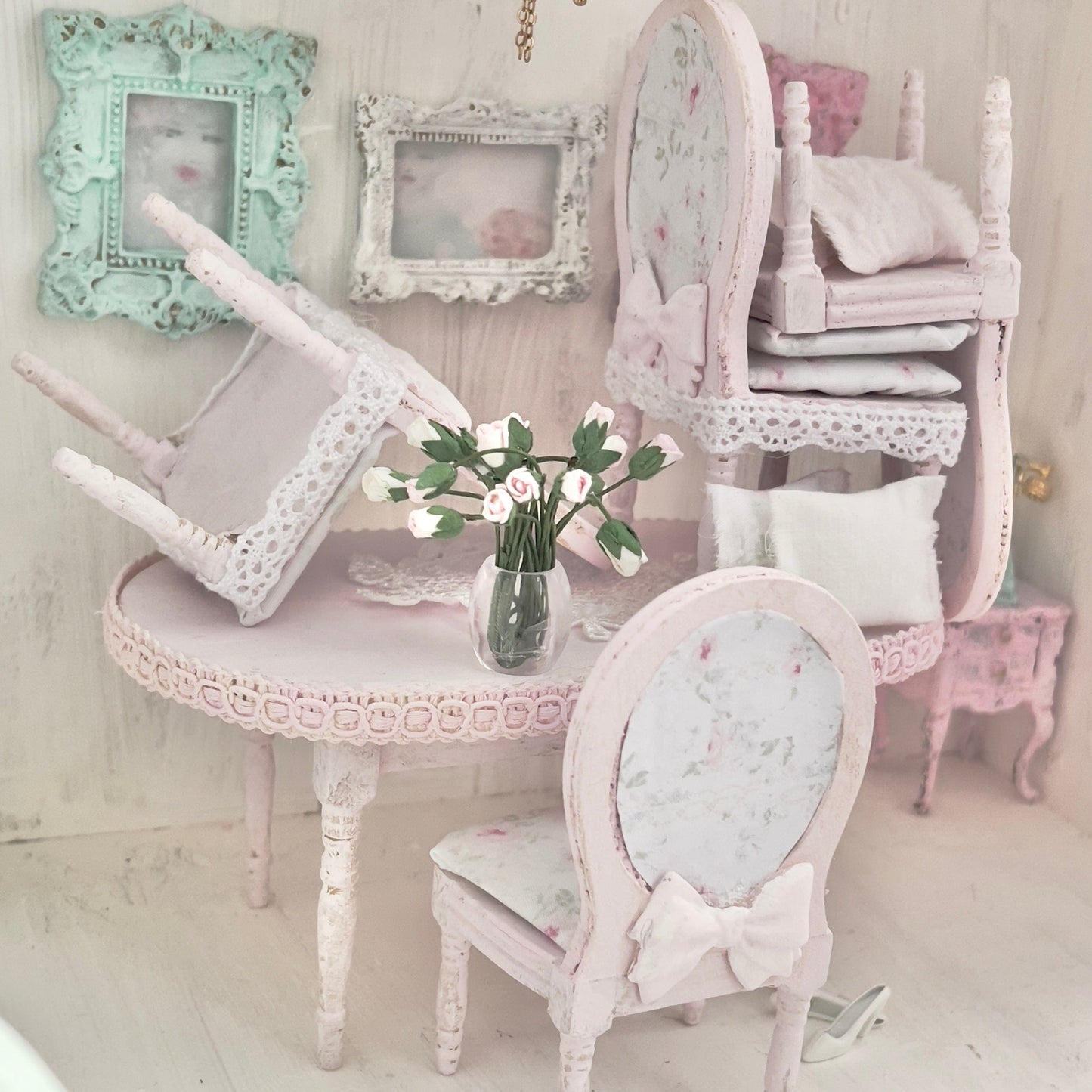 Chantallena White Bed Linens Dining Table and Four Chairs| Wooden Pink Distressed| Painted Petals Furniture