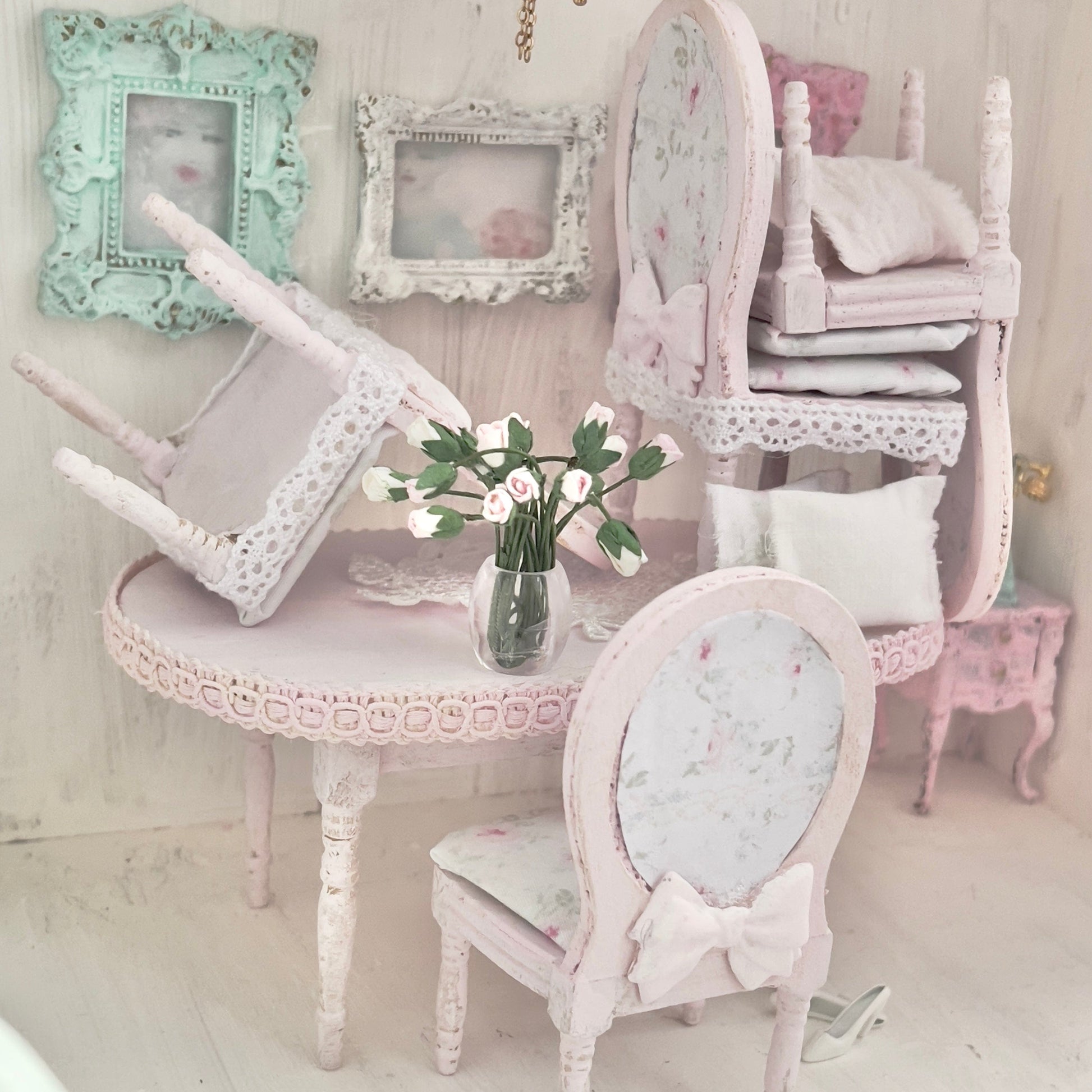 Chantallena White Bed Linens Dining Table and Four Chairs| Wooden Pink Distressed| Painted Petals Furniture