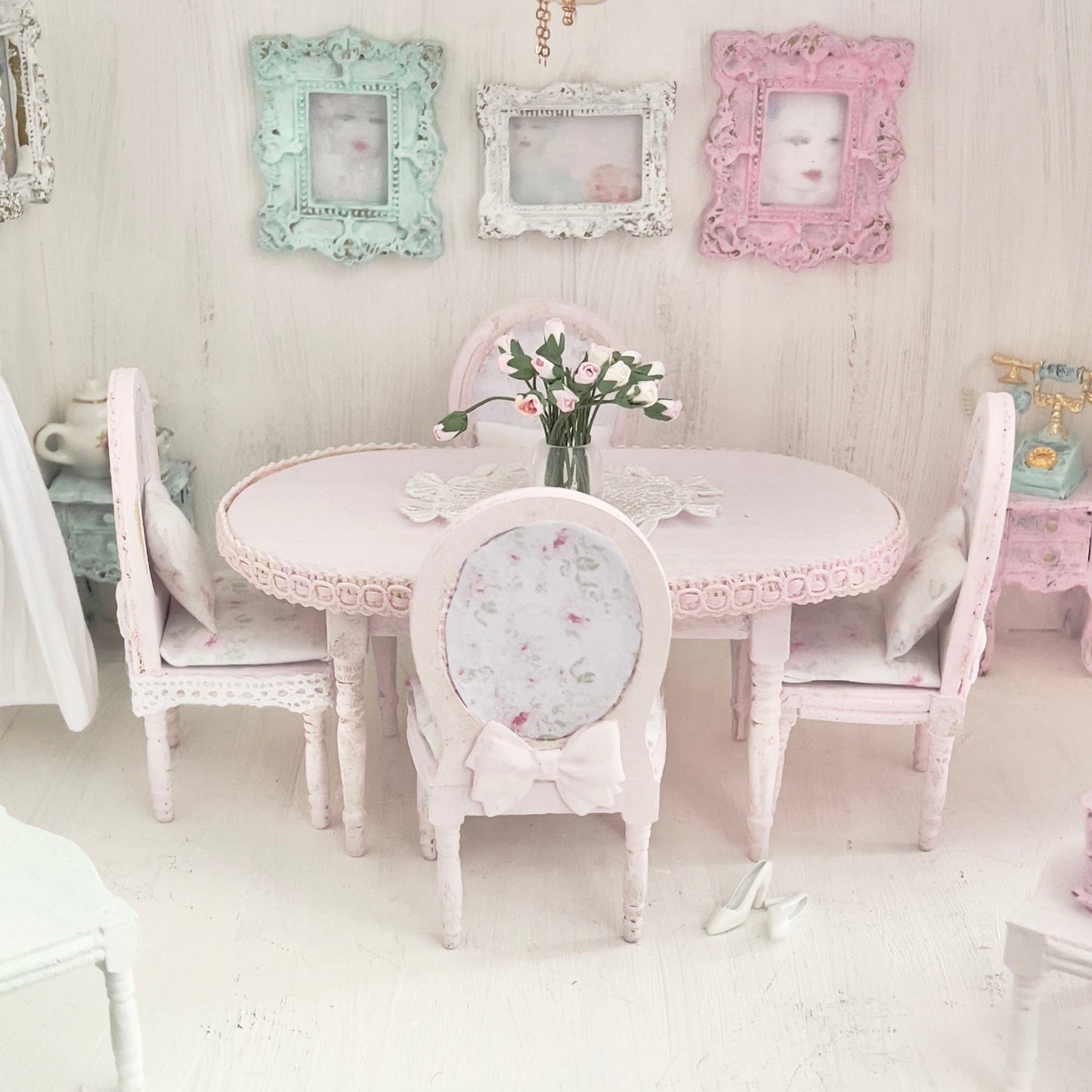 Chantallena White Bed Linens Dining Table and Four Chairs| Wooden Pink Distressed| Painted Petals Furniture