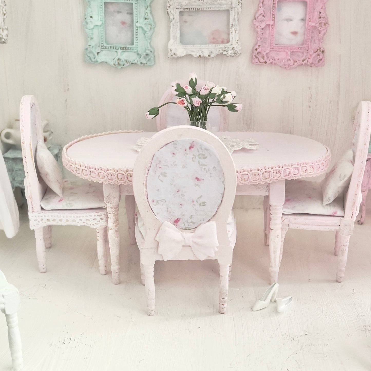 Chantallena White Bed Linens Dining Table and Four Chairs| Wooden Pink Distressed| Painted Petals Furniture