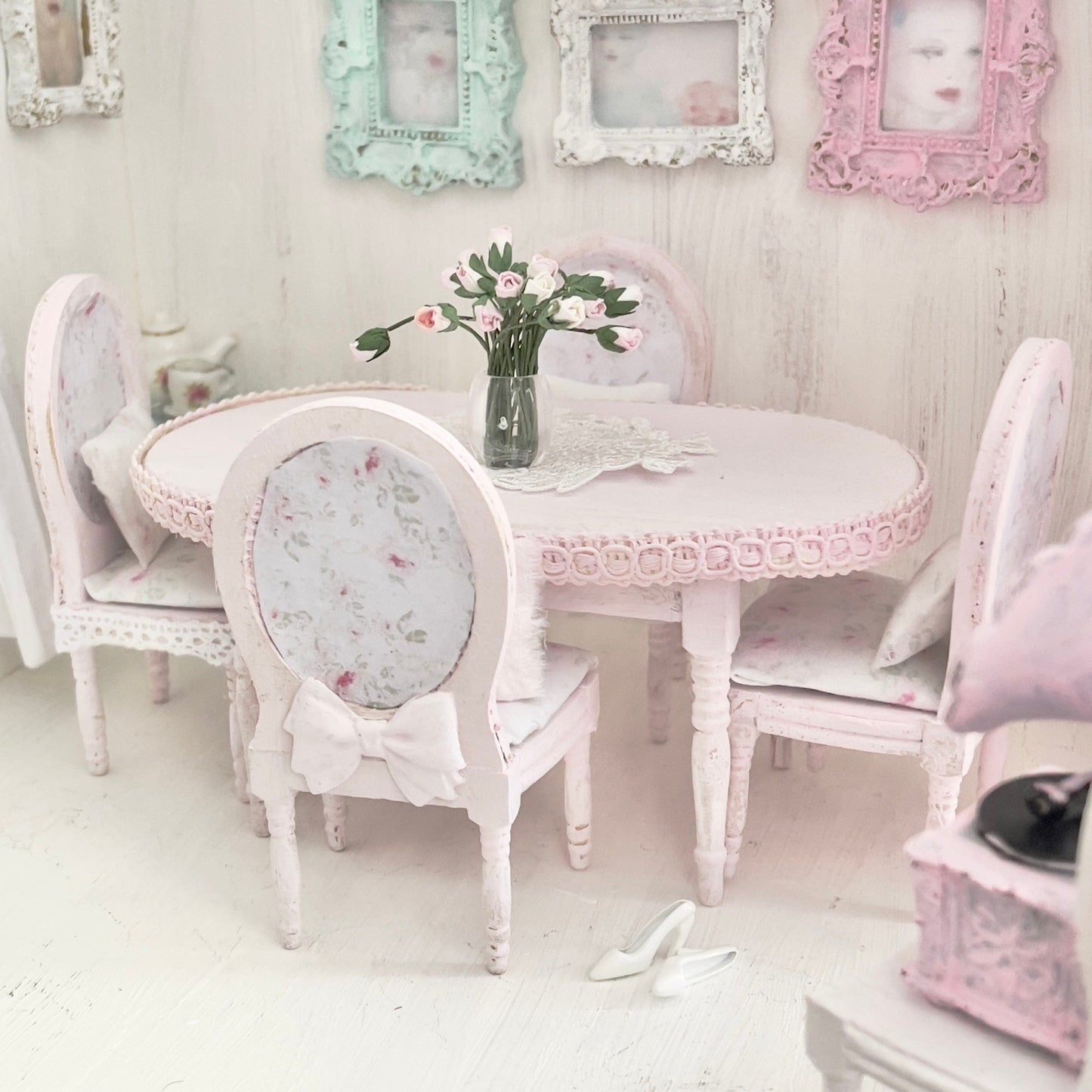 Chantallena White Bed Linens Dining Table and Four Chairs| Wooden Pink Distressed| Painted Petals Furniture