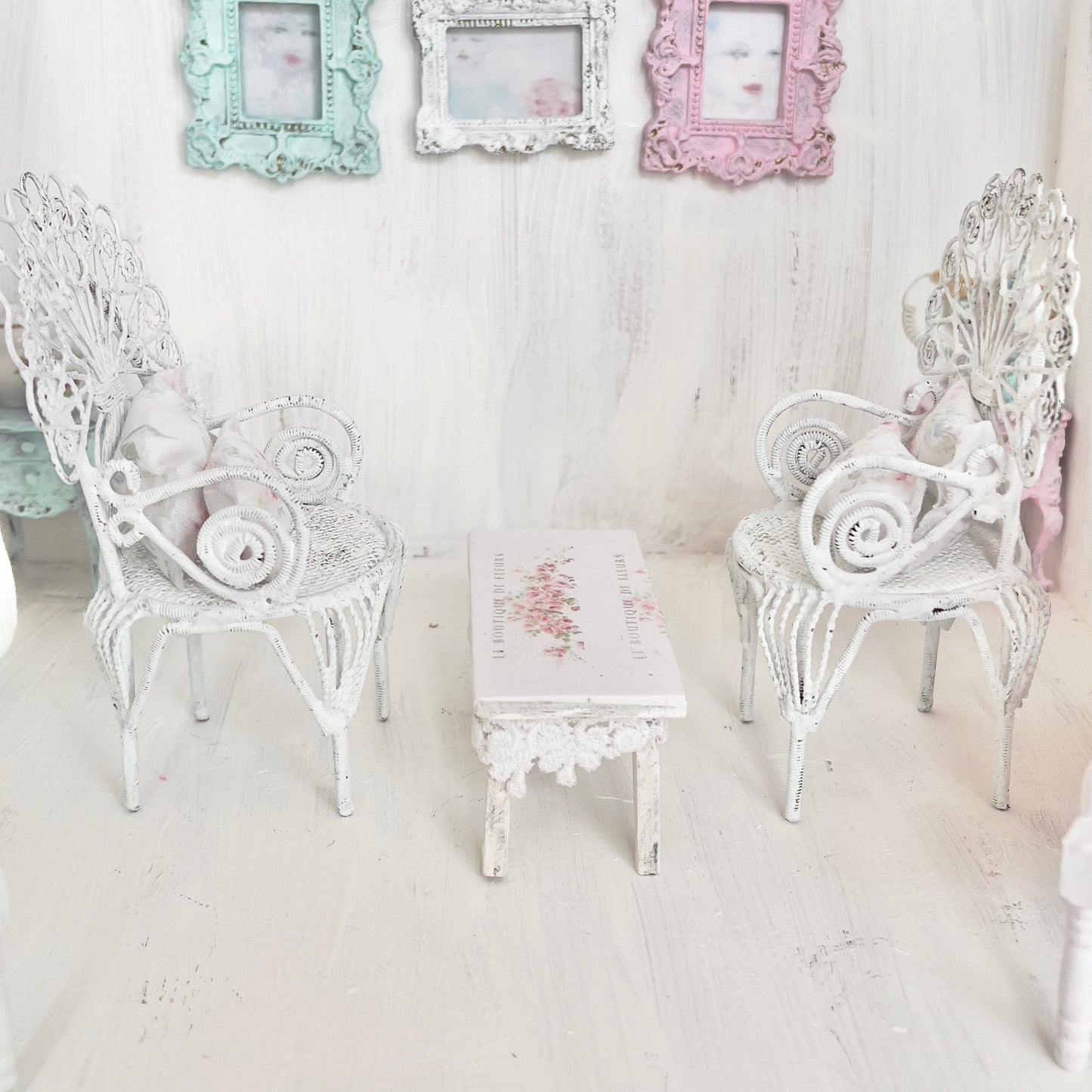 Chantallena White Bed Linens Pair of Painted White Wire Wicker Chairs with Decoupaged Table| Painted Petals Furniture