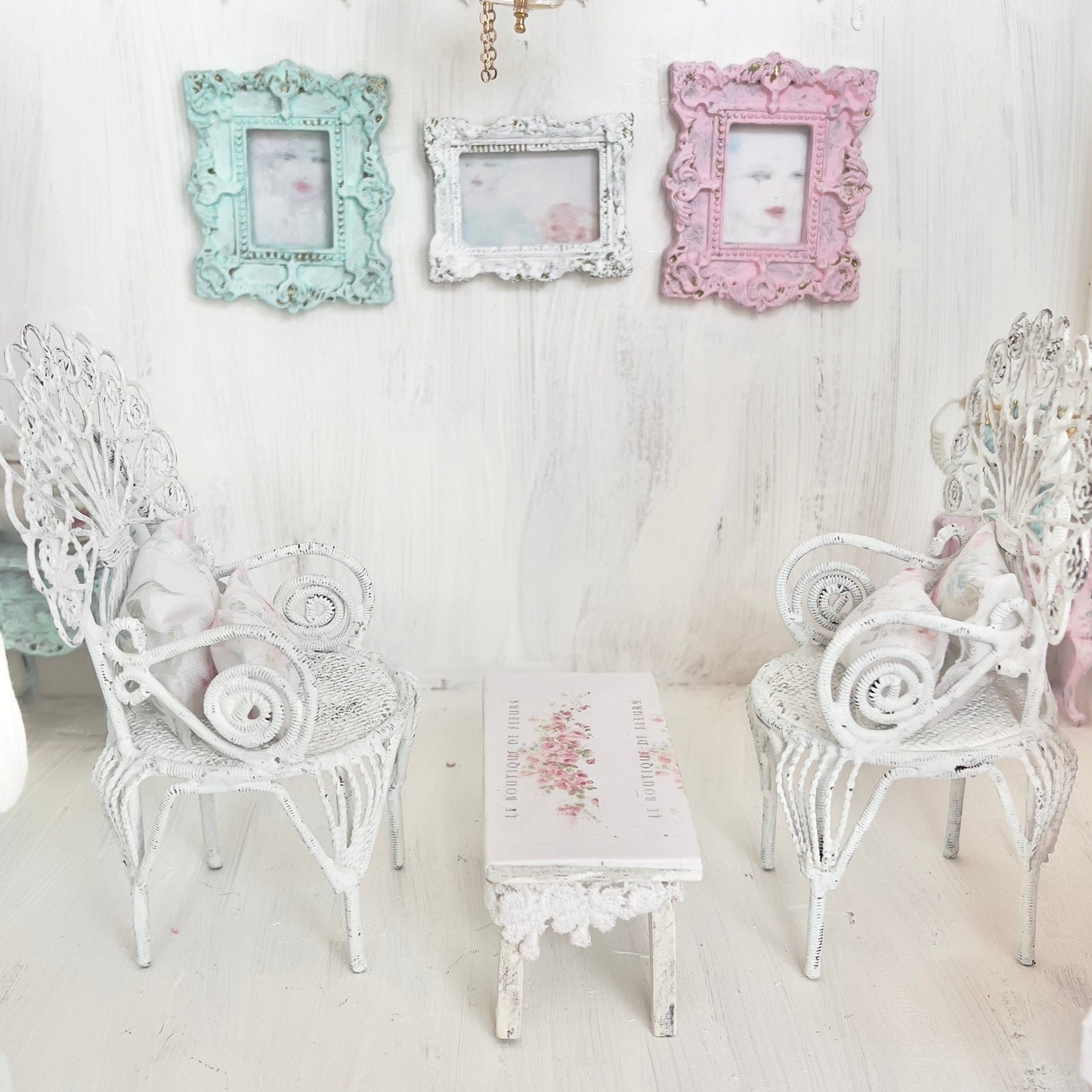 Chantallena White Bed Linens Pair of Painted White Wire Wicker Chairs with Decoupaged Table| Painted Petals Furniture