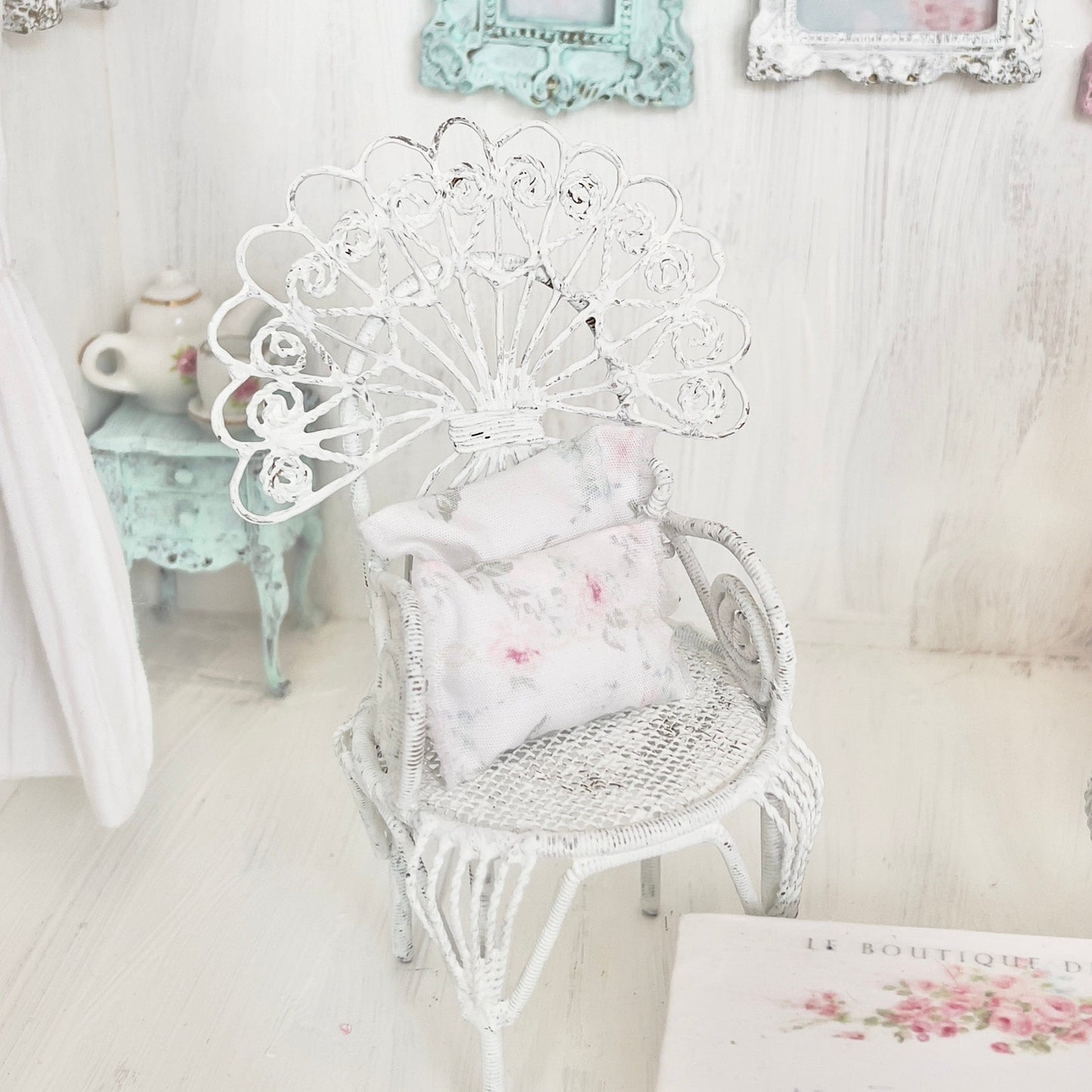 Chantallena White Bed Linens Pair of Painted White Wire Wicker Chairs with Decoupaged Table| Painted Petals Furniture