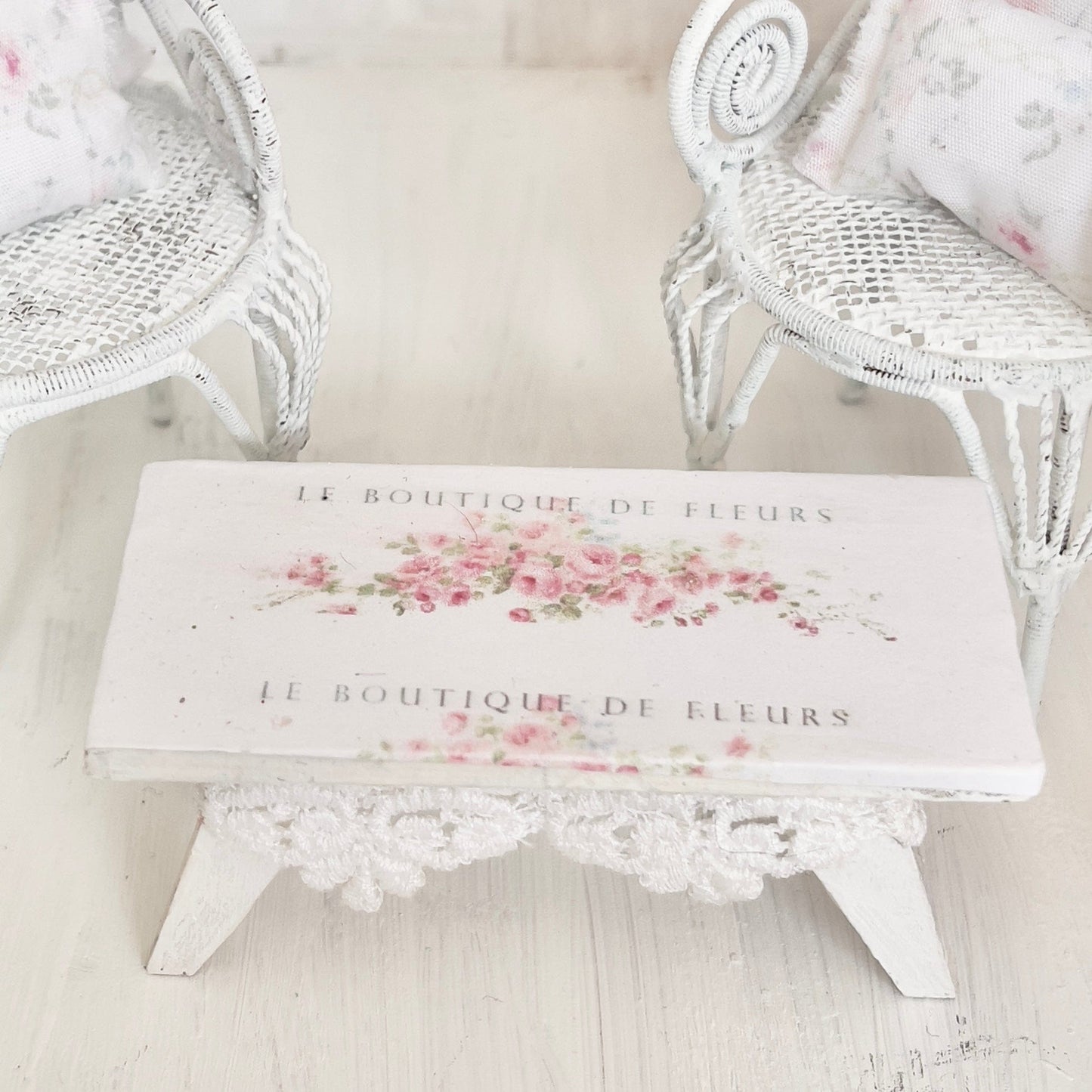 Chantallena White Bed Linens Pair of Painted White Wire Wicker Chairs with Decoupaged Table| Painted Petals Furniture