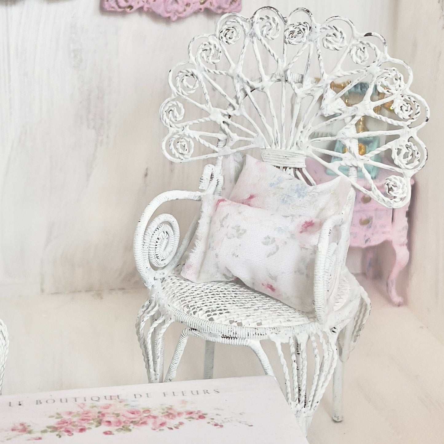 Chantallena White Bed Linens Pair of Painted White Wire Wicker Chairs with Decoupaged Table| Painted Petals Furniture