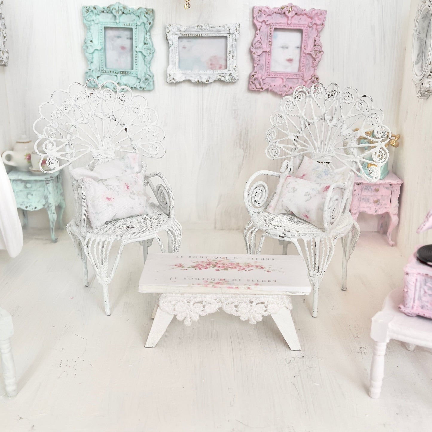 Chantallena White Bed Linens Pair of Painted White Wire Wicker Chairs with Decoupaged Table| Painted Petals Furniture