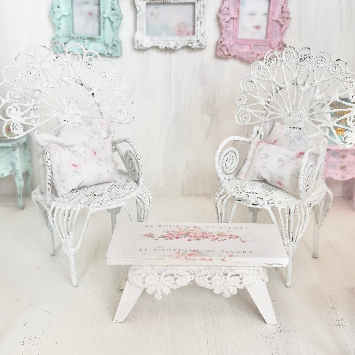 Chantallena White Bed Linens Pair of Painted White Wire Wicker Chairs with Decoupaged Table| Painted Petals Furniture