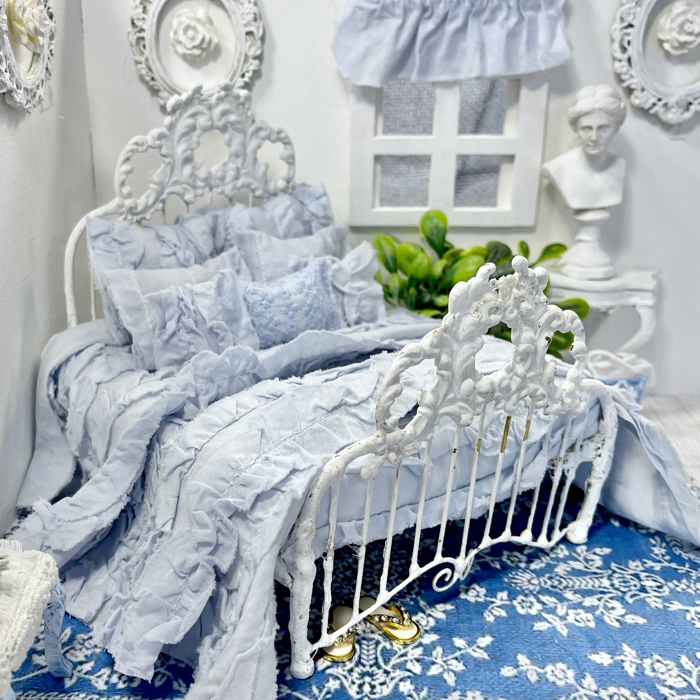 Chantallena White Bed Linens Ruffled Romance | French Blue Distressed Ruffled Cotton Bedding Set | Fran
