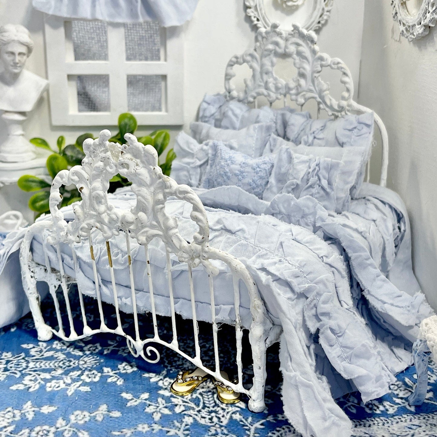 Chantallena White Bed Linens Ruffled Romance | French Blue Distressed Ruffled Cotton Bedding Set | Fran