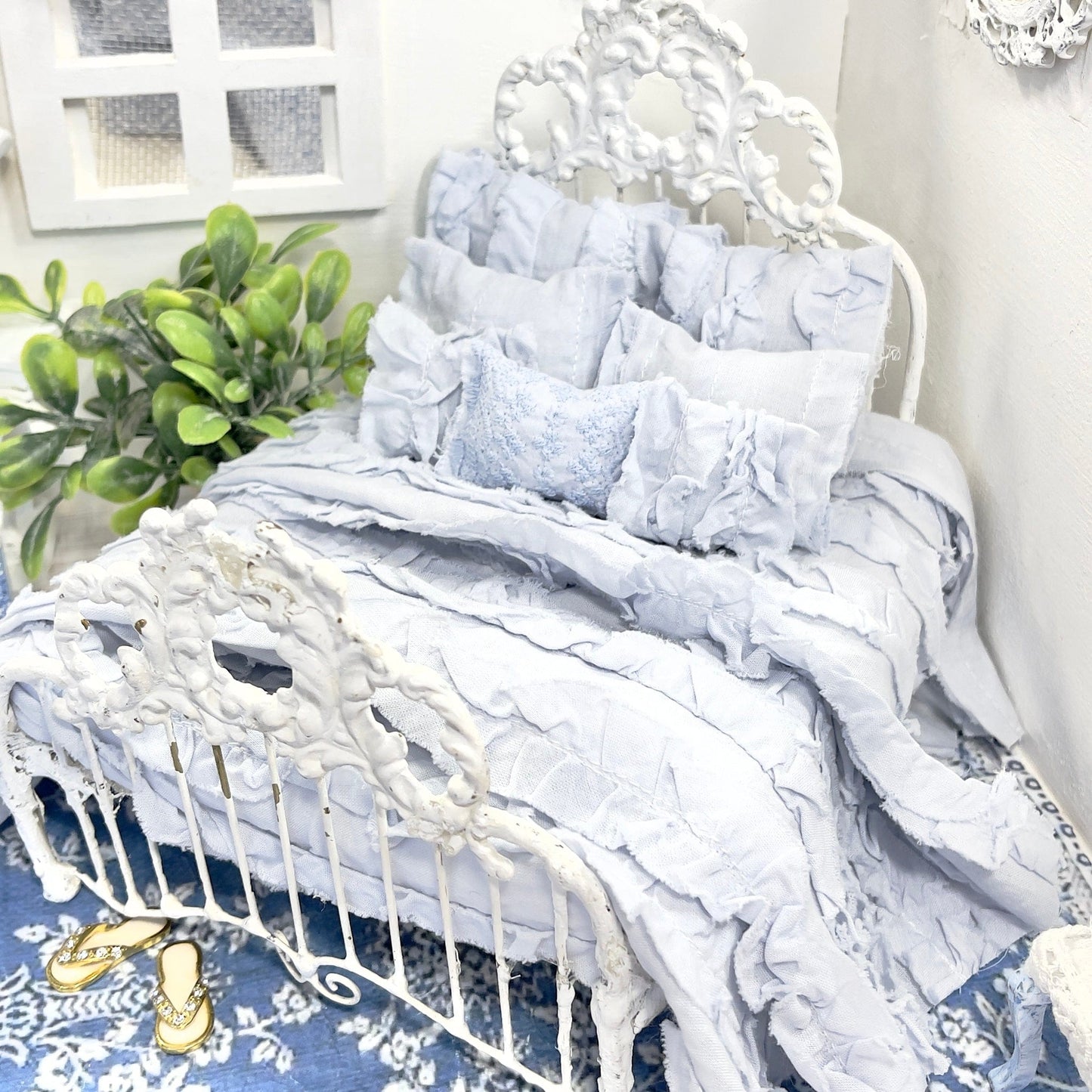 Chantallena White Bed Linens Ruffled Romance | French Blue Distressed Ruffled Cotton Bedding Set | Fran