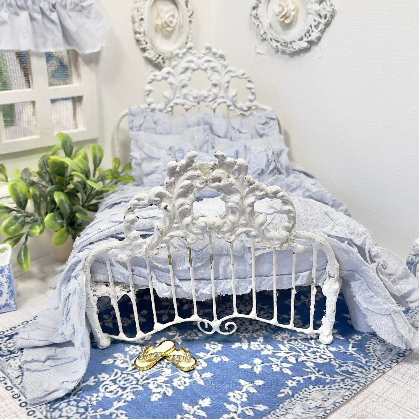 Chantallena White Bed Linens Ruffled Romance | French Blue Distressed Ruffled Cotton Bedding Set | Fran