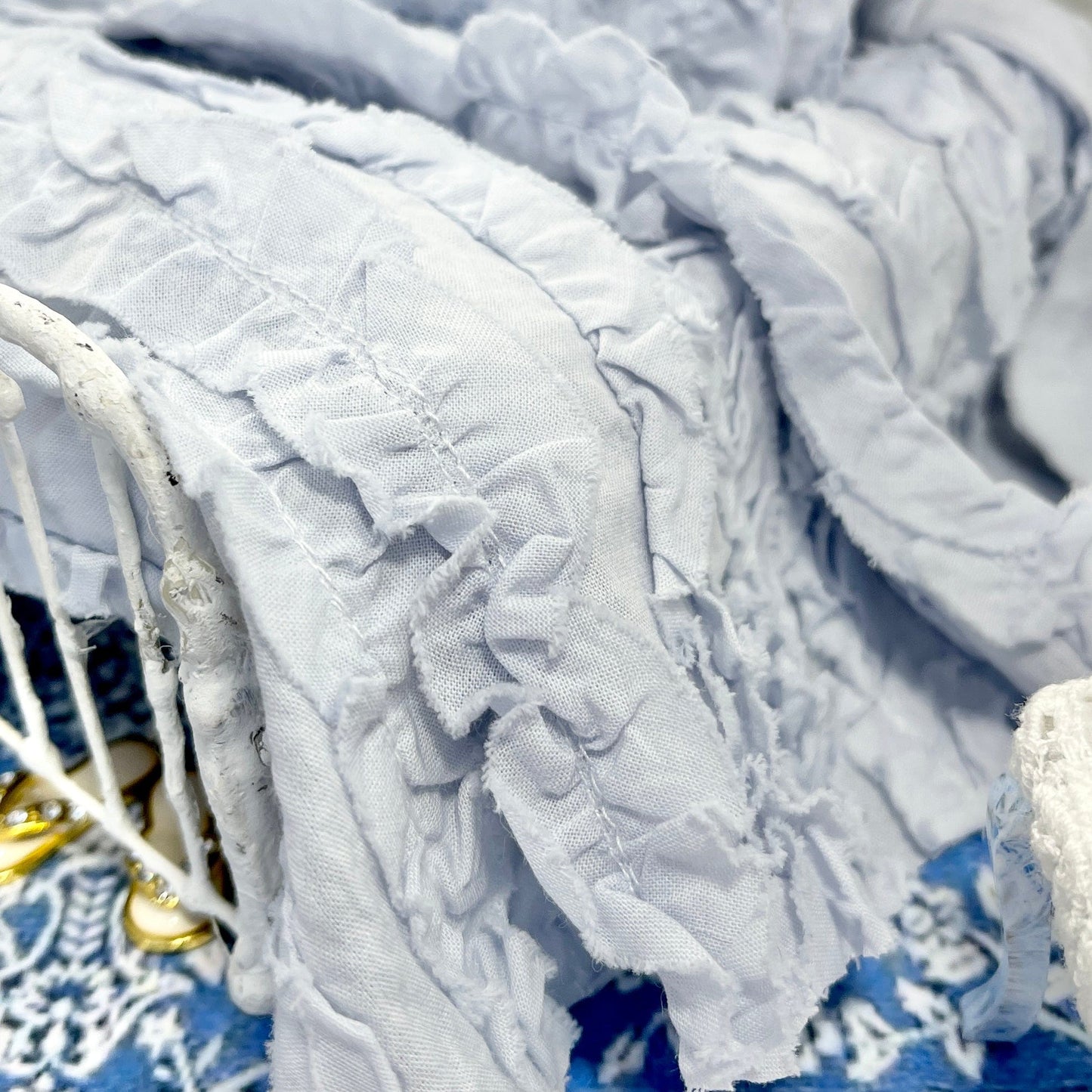 Chantallena White Bed Linens Ruffled Romance | French Blue Distressed Ruffled Cotton Bedding Set | Fran