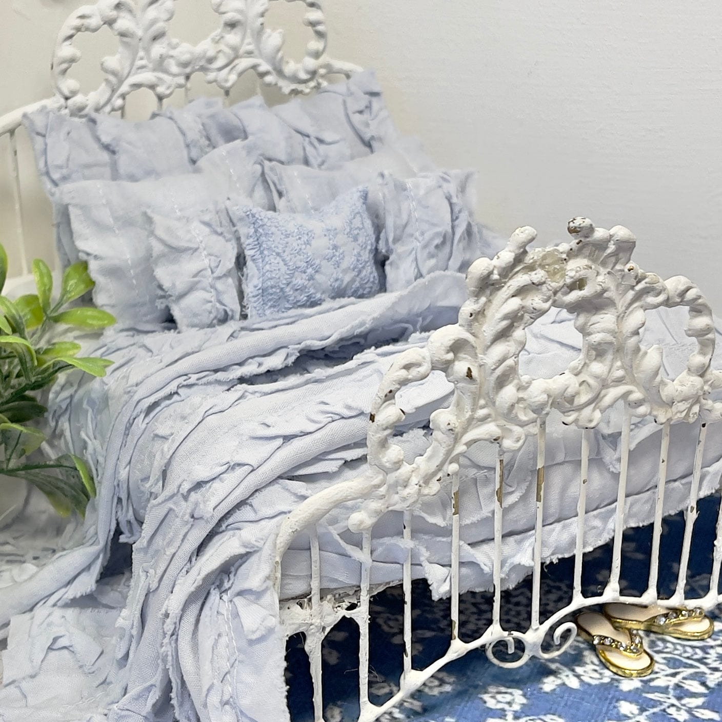 Chantallena White Bed Linens Ruffled Romance | French Blue Distressed Ruffled Cotton Bedding Set | Fran