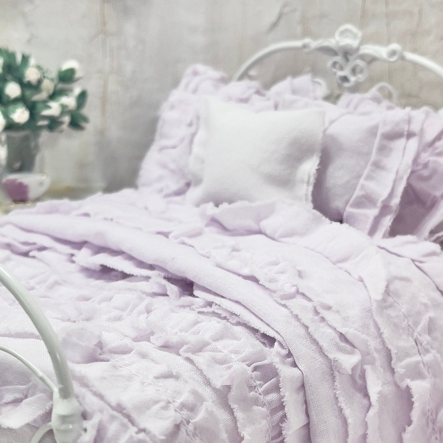 Chantallena White Bed Linens Ruffled Romance | Lavender Distressed Ruffled Cotton Bedding Set | Yanna