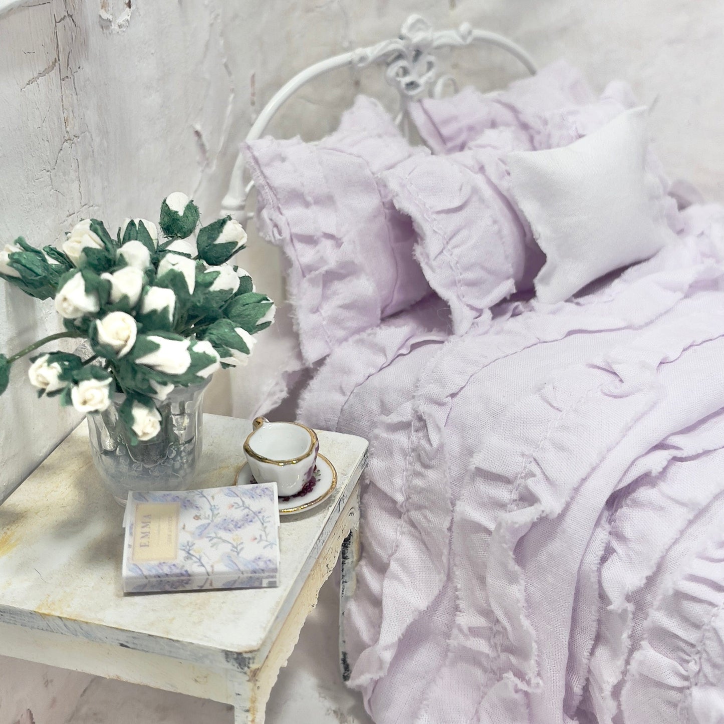 Chantallena White Bed Linens Ruffled Romance | Lavender Distressed Ruffled Cotton Bedding Set | Yanna