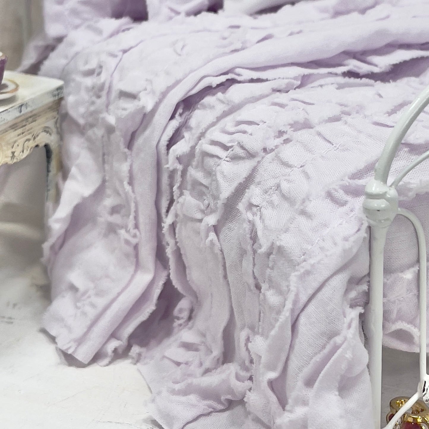 Chantallena White Bed Linens Ruffled Romance | Lavender Distressed Ruffled Cotton Bedding Set | Yanna