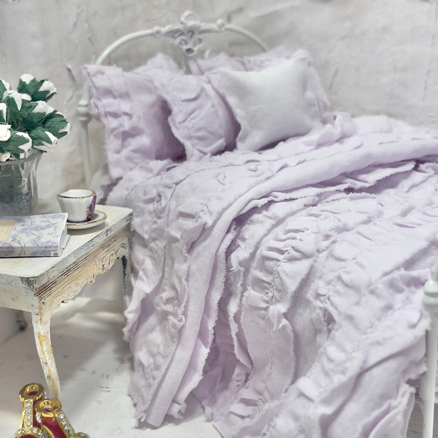 Chantallena White Bed Linens Ruffled Romance | Lavender Distressed Ruffled Cotton Bedding Set | Yanna