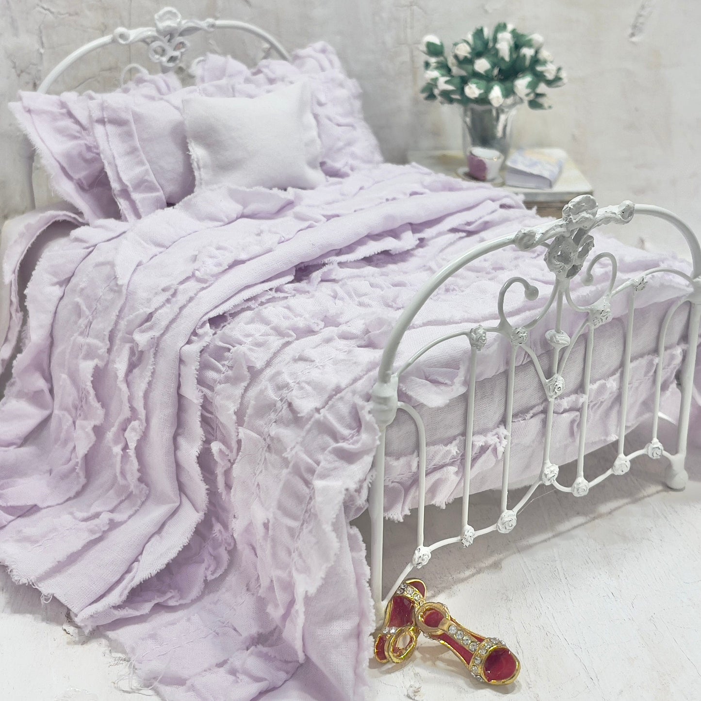 Chantallena White Bed Linens Ruffled Romance | Lavender Distressed Ruffled Cotton Bedding Set | Yanna