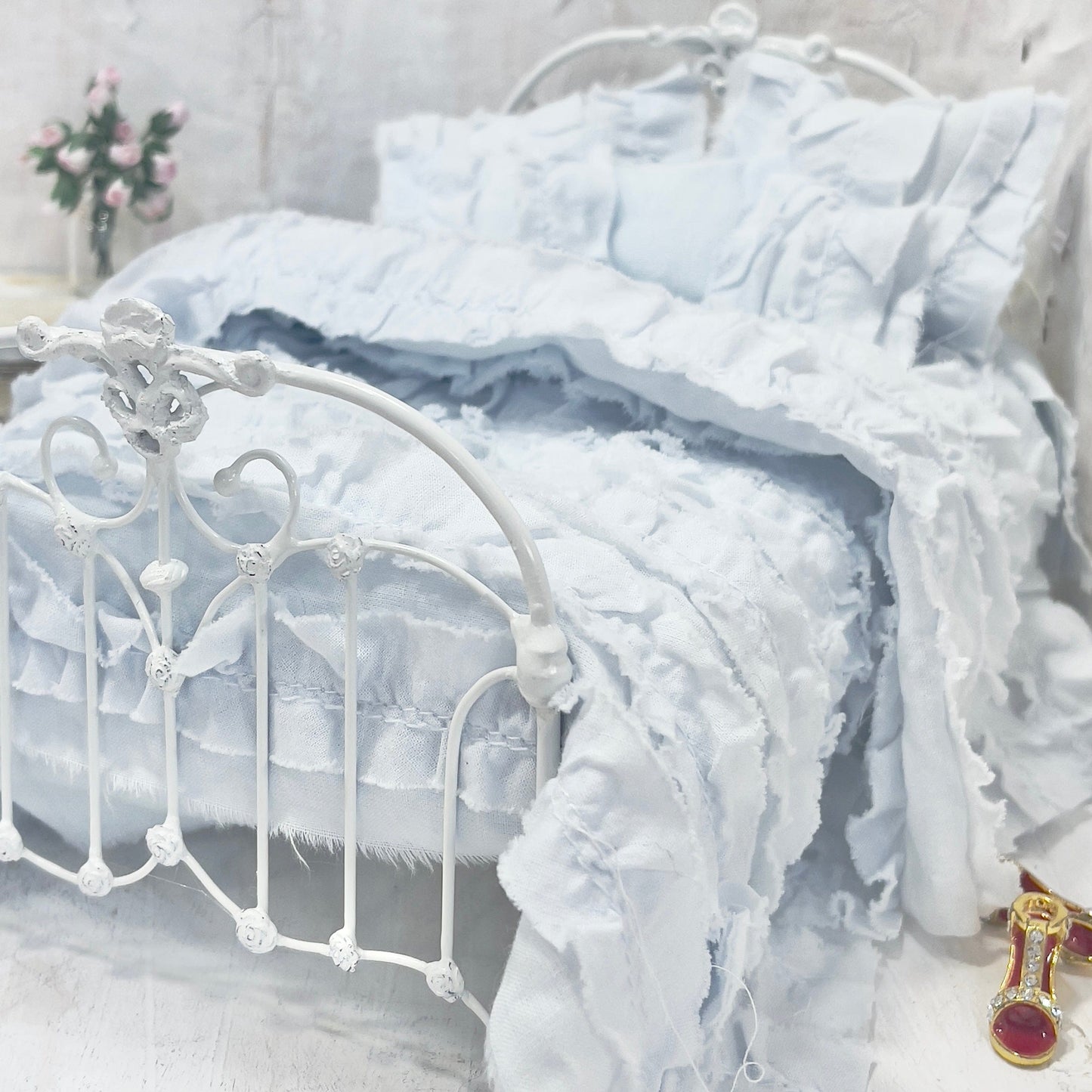 Chantallena White Bed Linens Ruffled Romance | Shabby Blue Distressed Ruffled Cotton Bedding Set | Belle