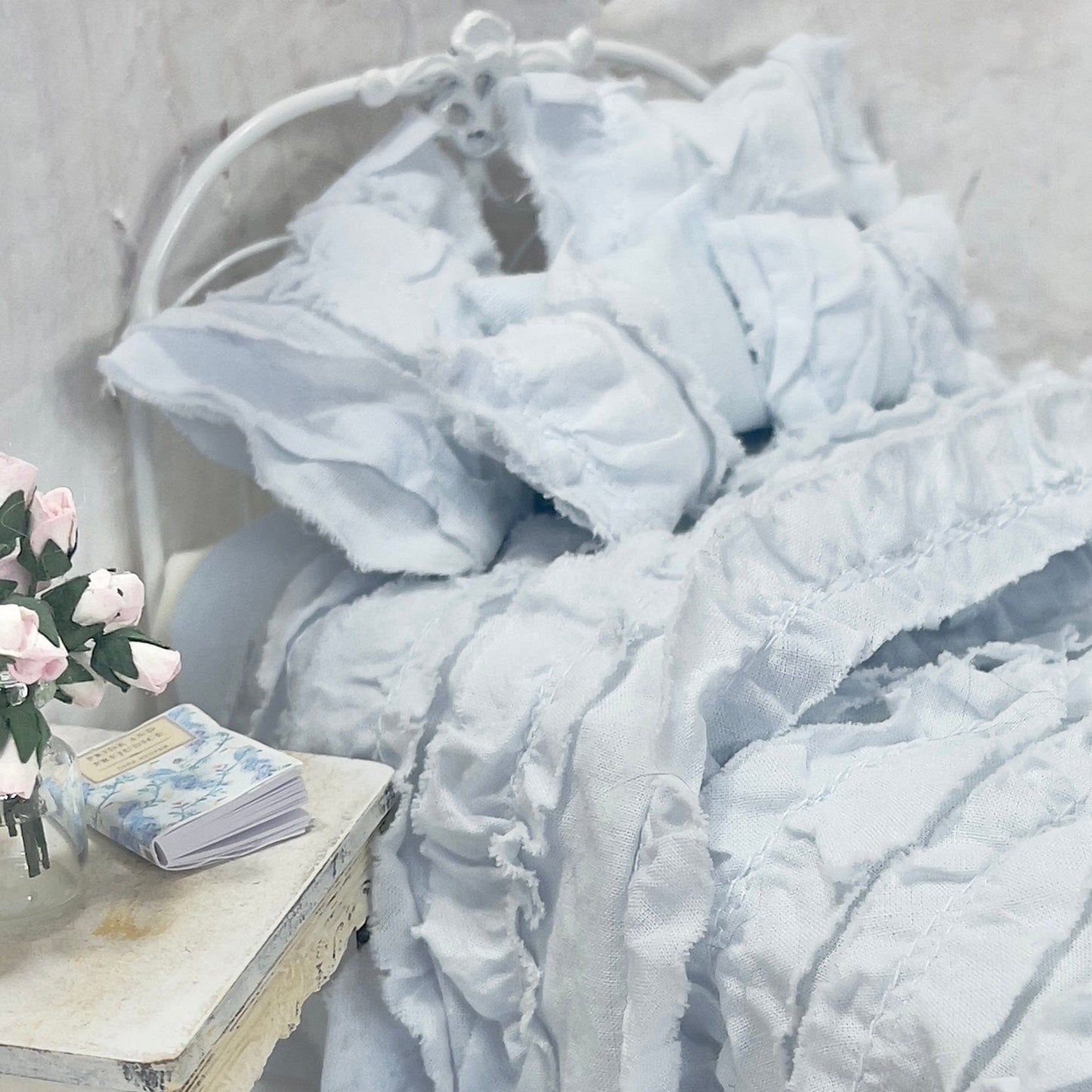 Chantallena White Bed Linens Ruffled Romance | Shabby Blue Distressed Ruffled Cotton Bedding Set | Belle