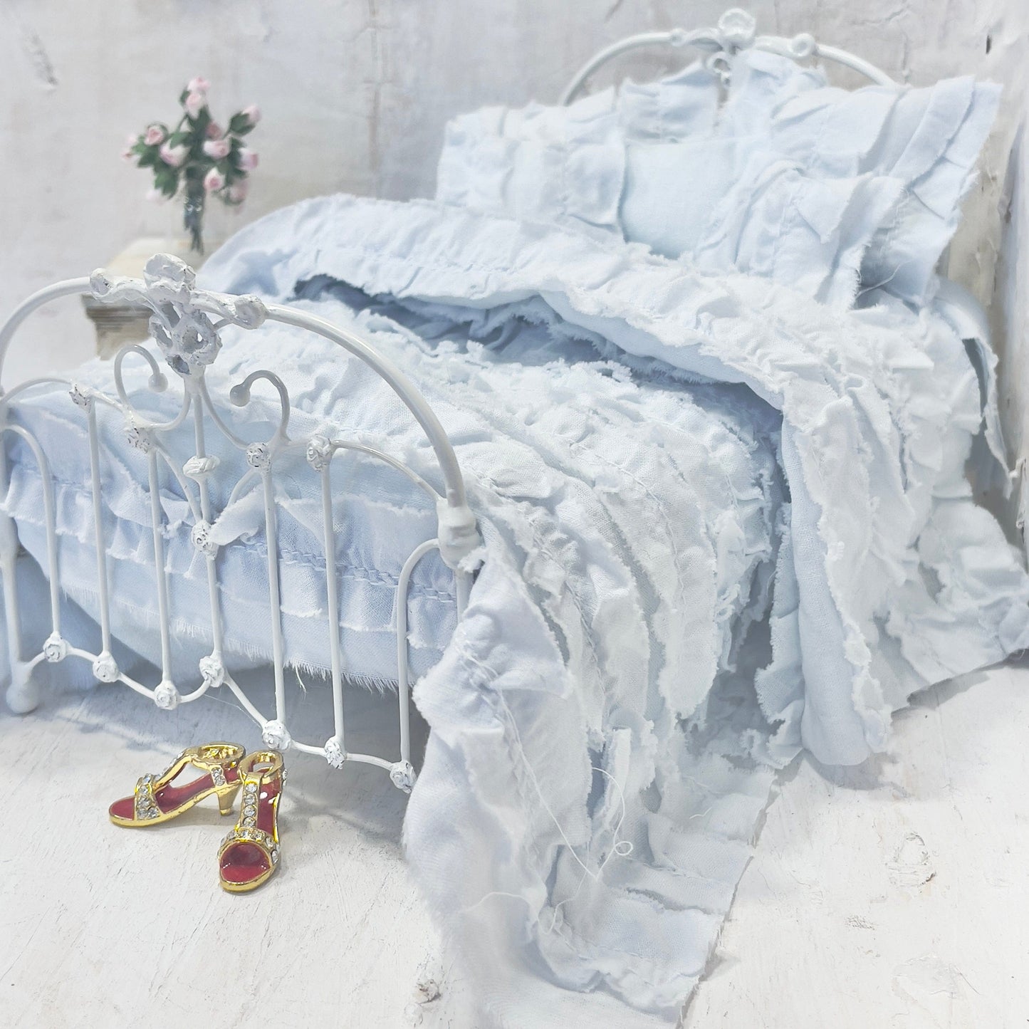 Chantallena White Bed Linens Ruffled Romance | Shabby Blue Distressed Ruffled Cotton Bedding Set | Belle