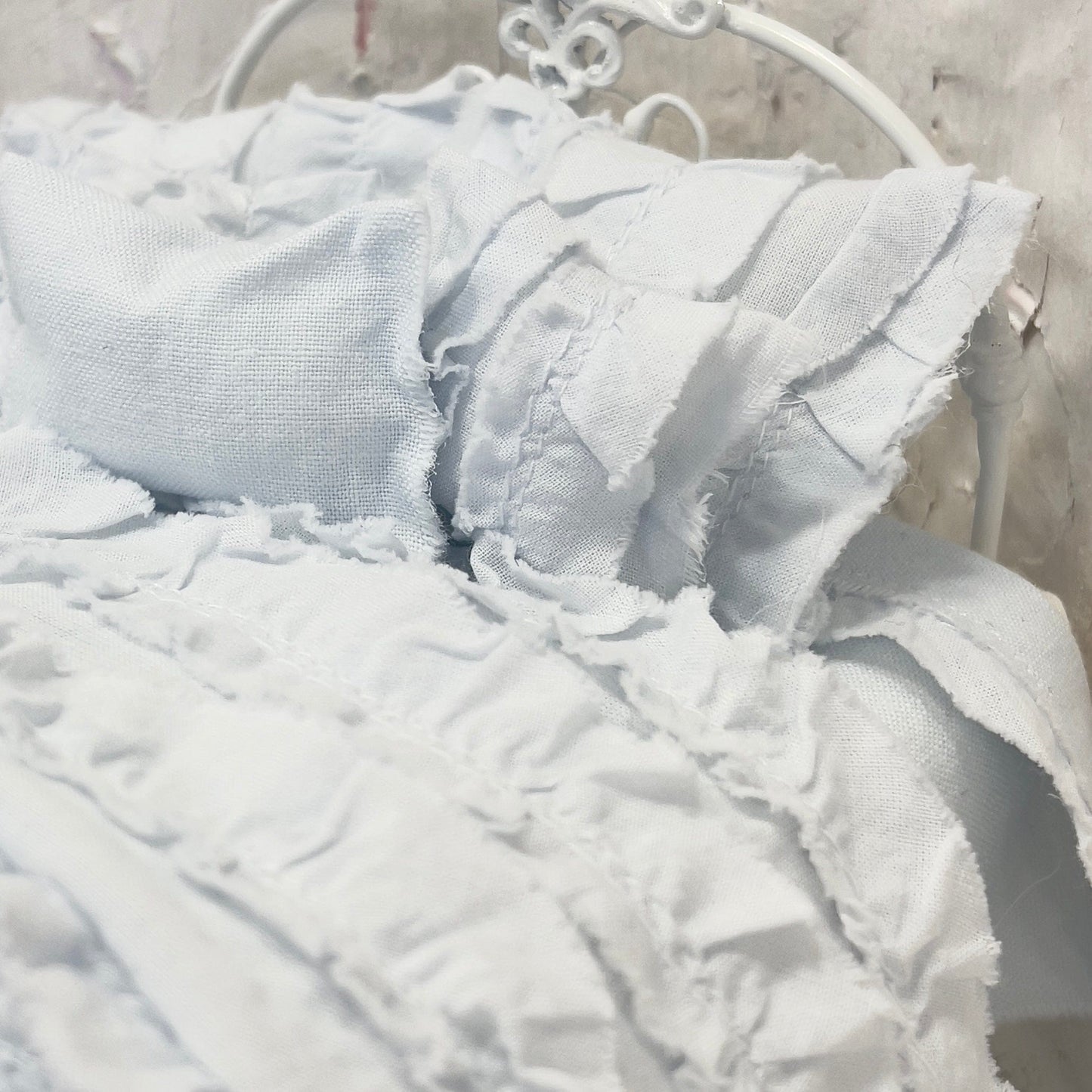 Chantallena White Bed Linens Ruffled Romance | Shabby Blue Distressed Ruffled Cotton Bedding Set | Belle
