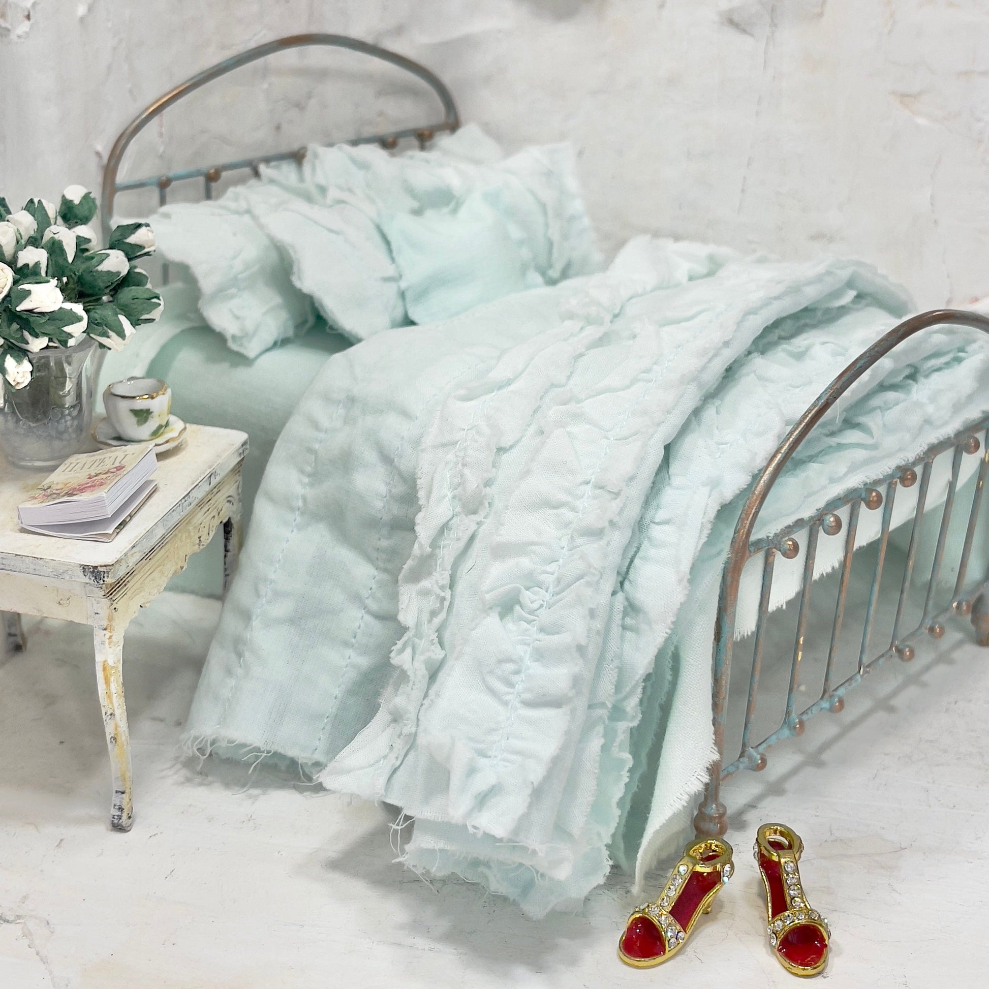 Chantallena White Bed Linens Ruffled Romance | Shabby Mint Green Distressed Ruffled Cotton Bedding Set  | Greta