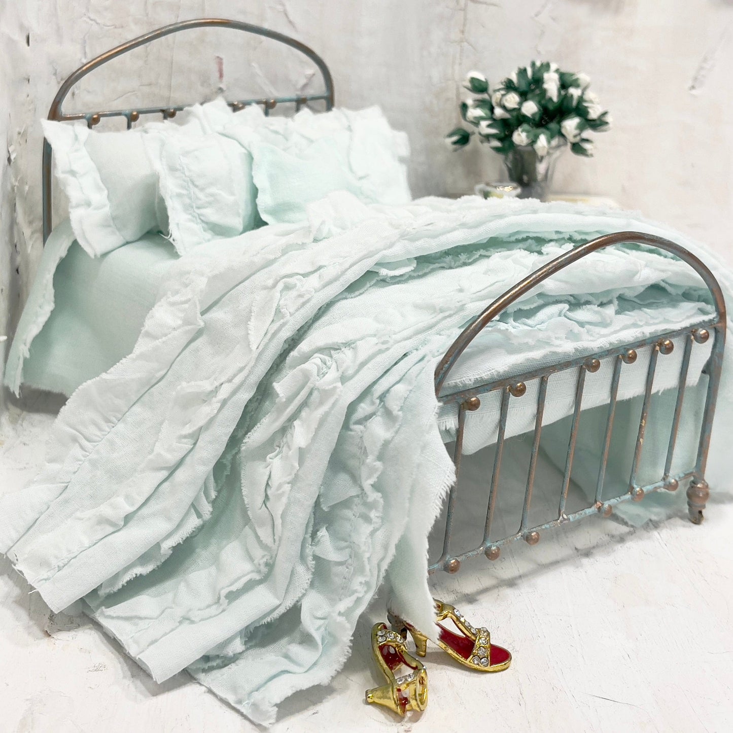 Chantallena White Bed Linens Ruffled Romance | Shabby Mint Green Distressed Ruffled Cotton Bedding Set  | Greta