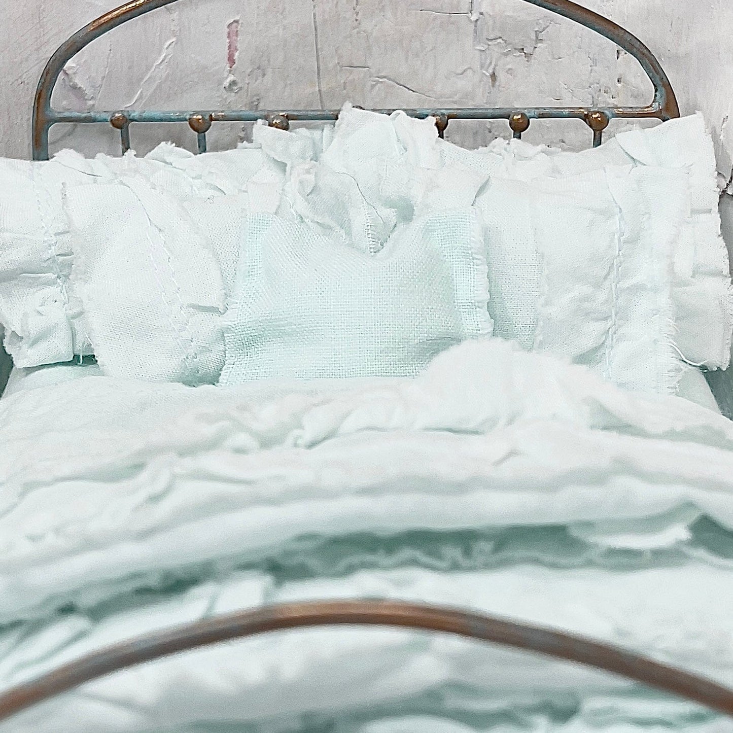 Chantallena White Bed Linens Ruffled Romance | Shabby Mint Green Distressed Ruffled Cotton Bedding Set  | Greta