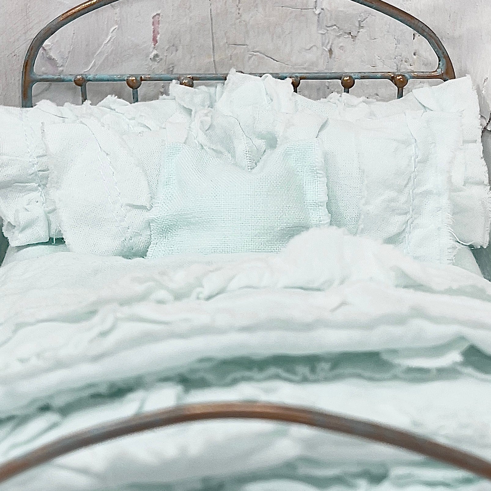 Chantallena White Bed Linens Ruffled Romance | Shabby Mint Green Distressed Ruffled Cotton Bedding Set  | Greta