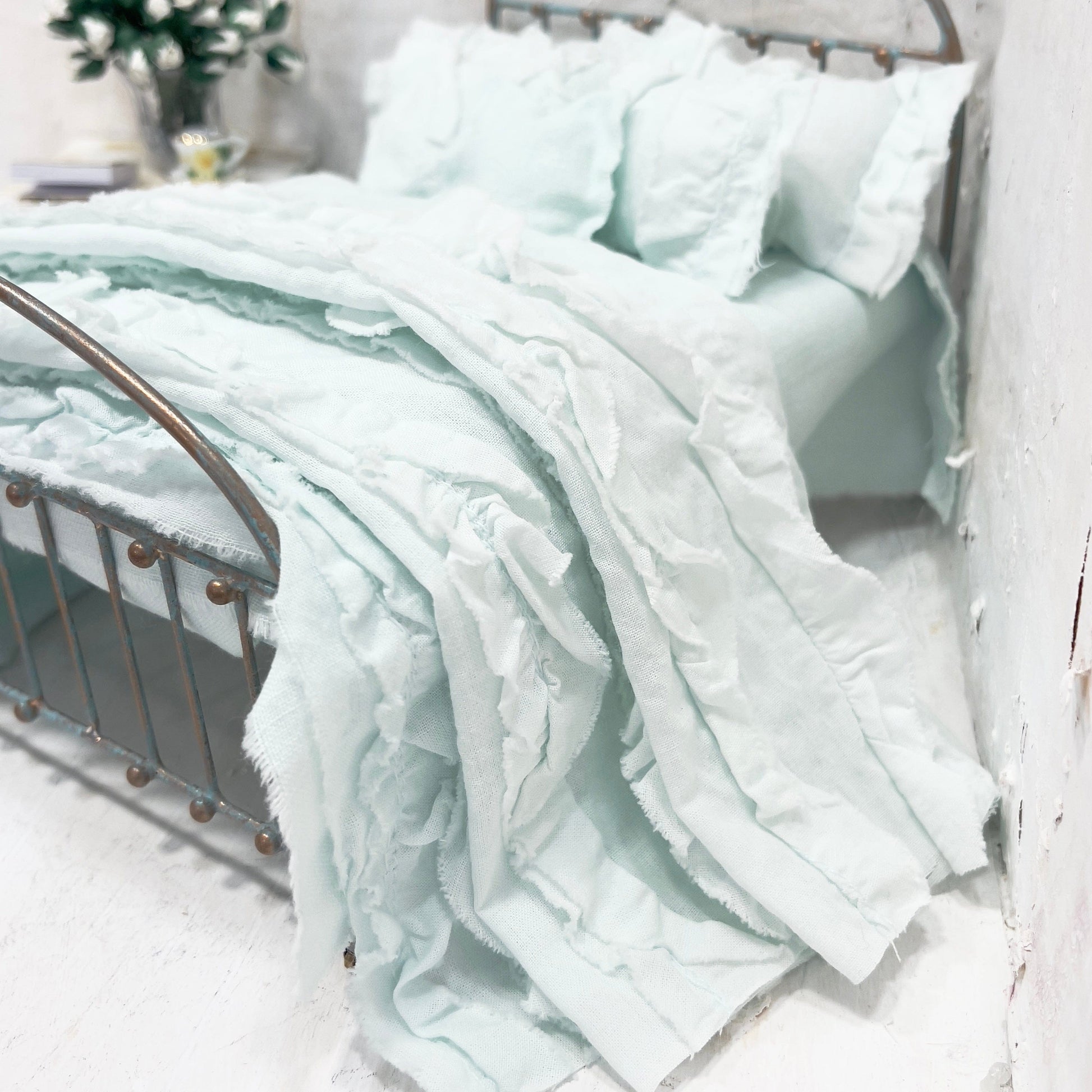 Chantallena White Bed Linens Ruffled Romance | Shabby Mint Green Distressed Ruffled Cotton Bedding Set  | Greta