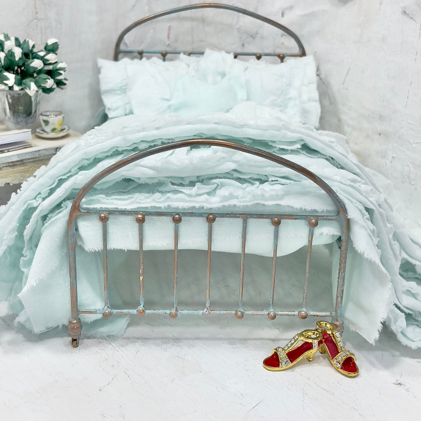 Chantallena White Bed Linens Ruffled Romance | Shabby Mint Green Distressed Ruffled Cotton Bedding Set  | Greta