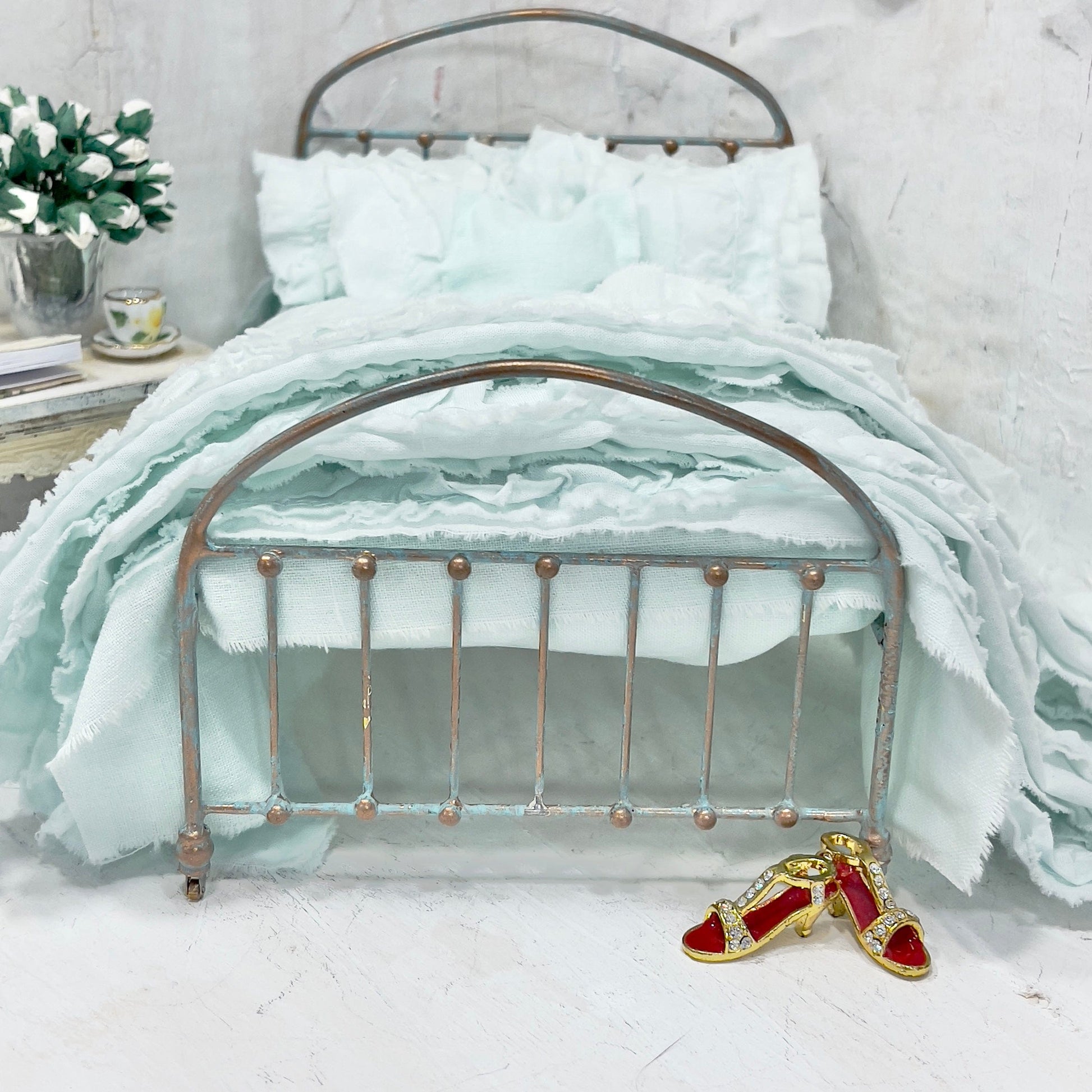 Chantallena White Bed Linens Ruffled Romance | Shabby Mint Green Distressed Ruffled Cotton Bedding Set  | Greta