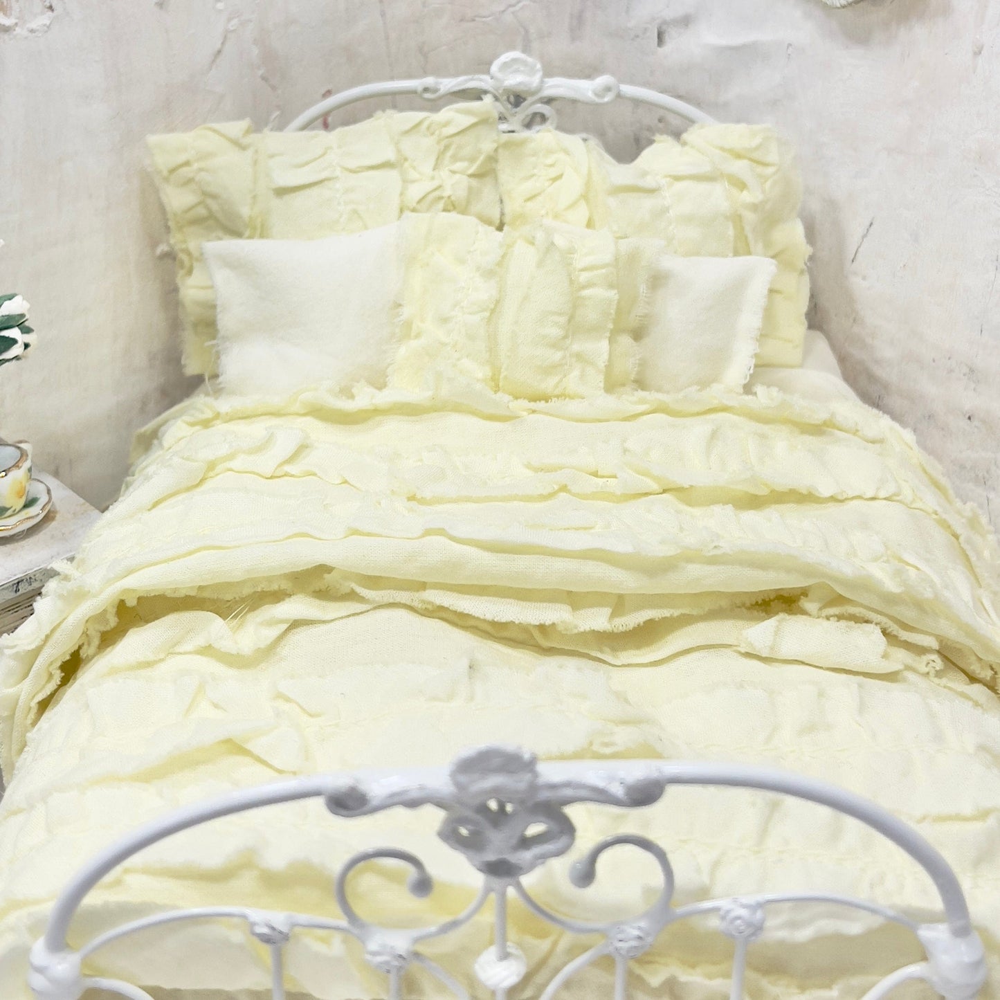 Chantallena White Bed Linens Ruffled Romance | Yellow Distressed Ruffled Cotton Bedding Set | Yanna