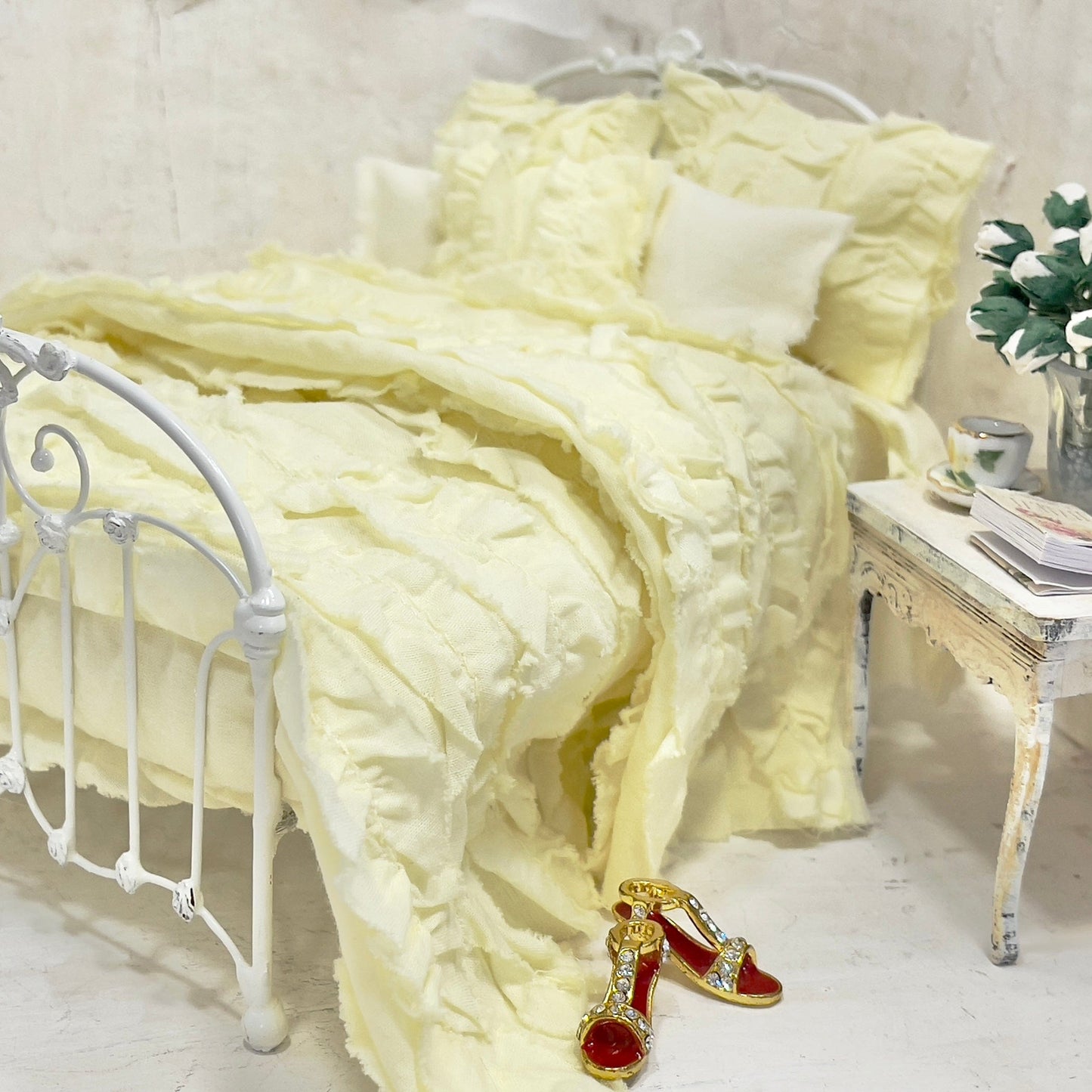 Chantallena White Bed Linens Ruffled Romance | Yellow Distressed Ruffled Cotton Bedding Set | Yanna