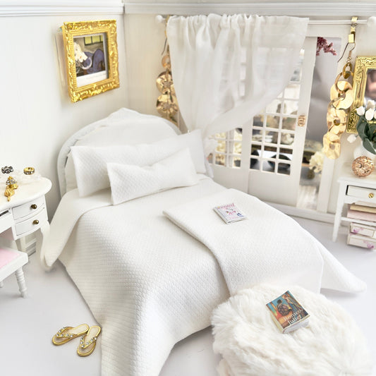 Chantallena White Bed Linens single/twin (8 in by 8 in) Boundless White | Textured White Cotton 1:12 Scale Bedding Set with Matching Throw| Modern Zen