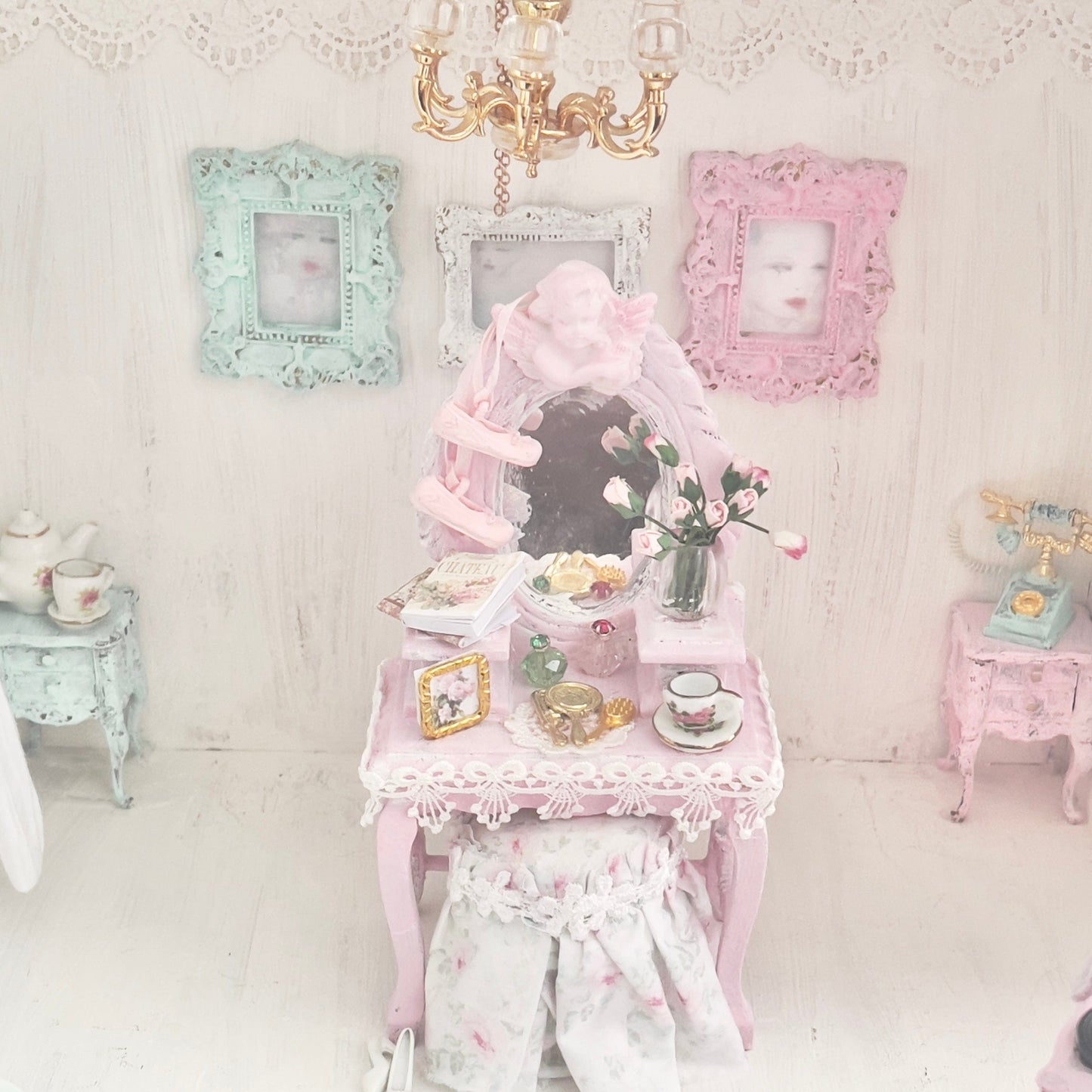 Chantallena White Bed Linens Vanity Set with Stool| Wooden Pink Distressed| Pink Château | Painted Petals Furniture