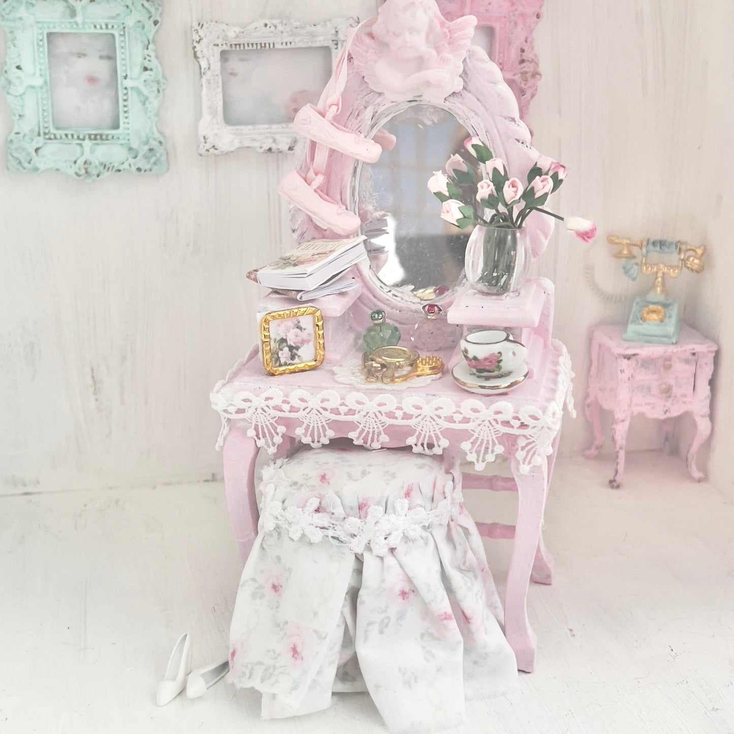 Chantallena White Bed Linens Vanity Set with Stool| Wooden Pink Distressed| Pink Château | Painted Petals Furniture
