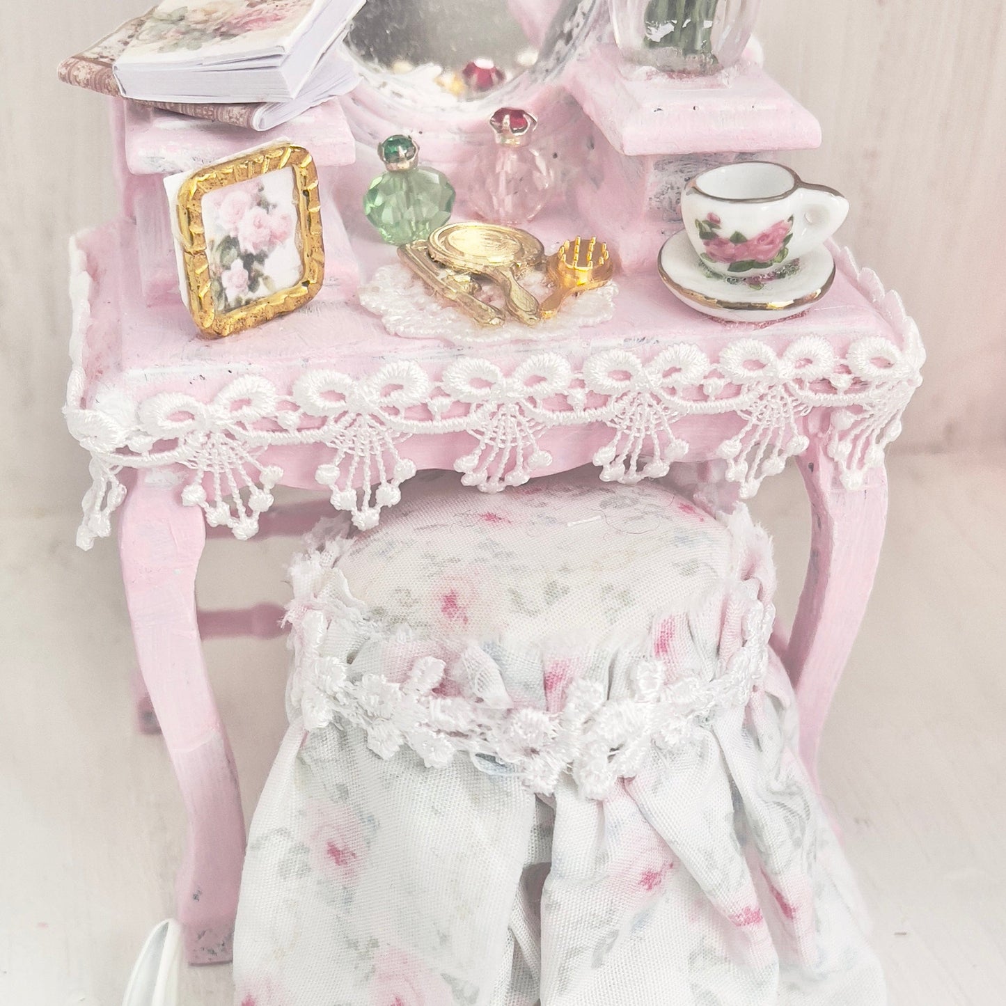 Chantallena White Bed Linens Vanity Set with Stool| Wooden Pink Distressed| Pink Château | Painted Petals Furniture