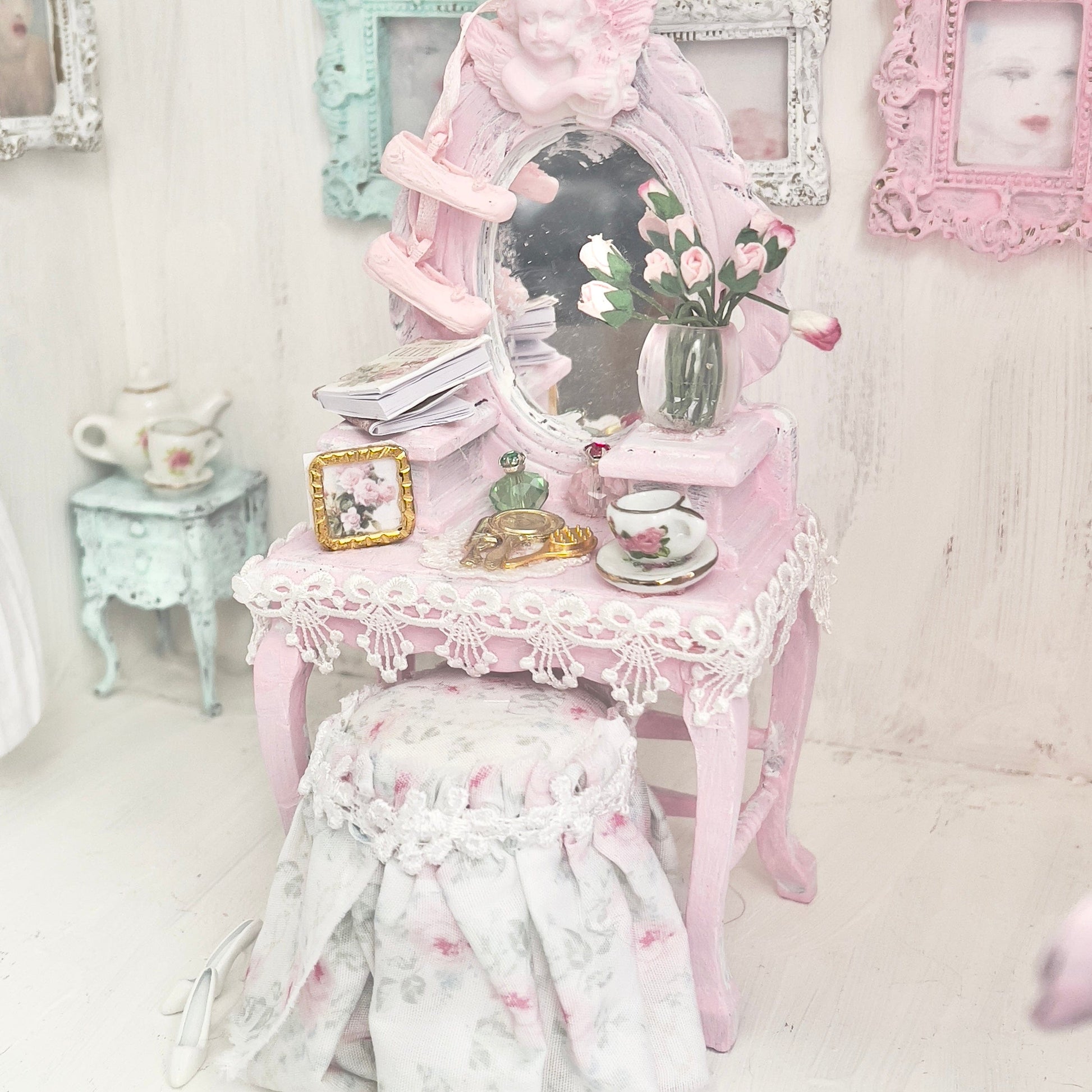 Chantallena White Bed Linens Vanity Set with Stool| Wooden Pink Distressed| Pink Château | Painted Petals Furniture