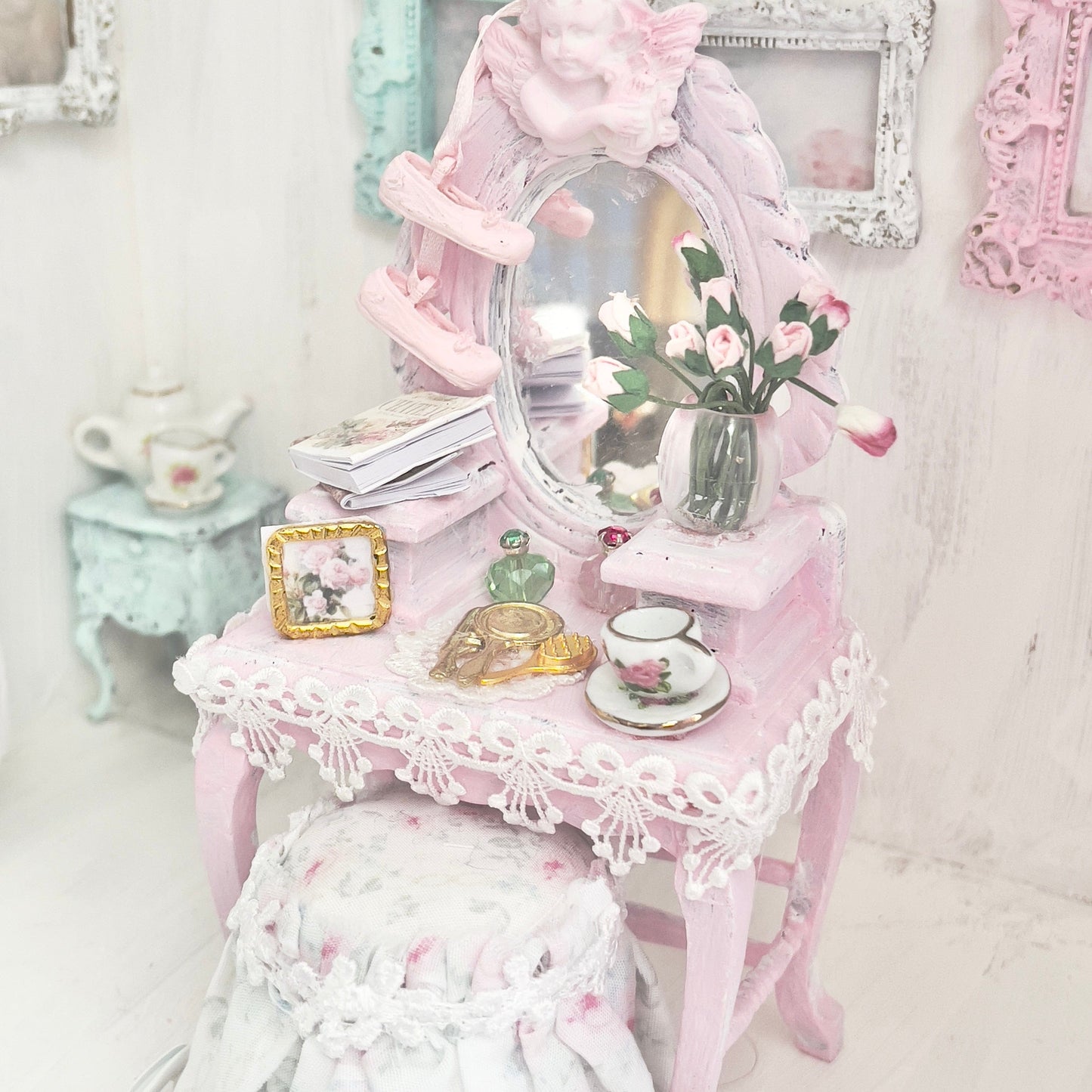 Chantallena White Bed Linens Vanity Set with Stool| Wooden Pink Distressed| Pink Château | Painted Petals Furniture