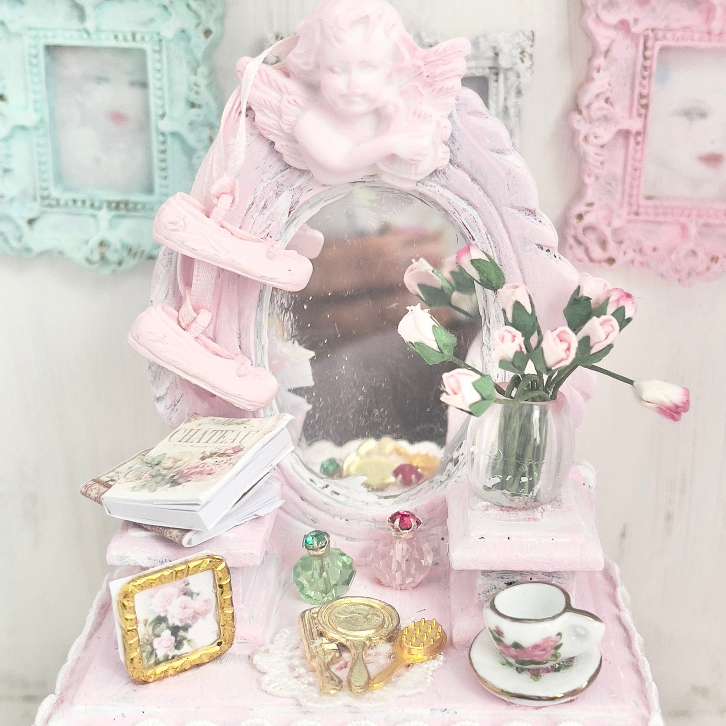 Chantallena White Bed Linens Vanity Set with Stool| Wooden Pink Distressed| Pink Château | Painted Petals Furniture
