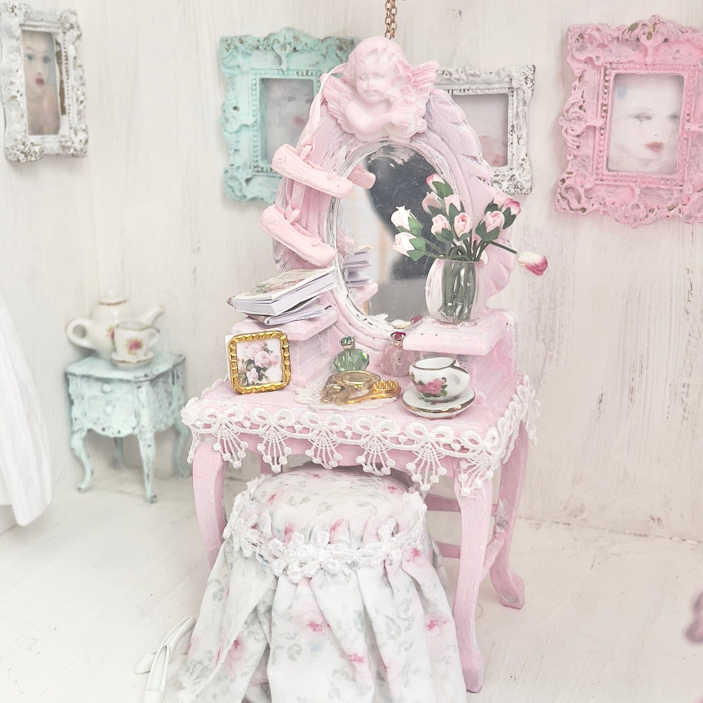 Chantallena White Bed Linens Vanity Set with Stool| Wooden Pink Distressed| Pink Château | Painted Petals Furniture