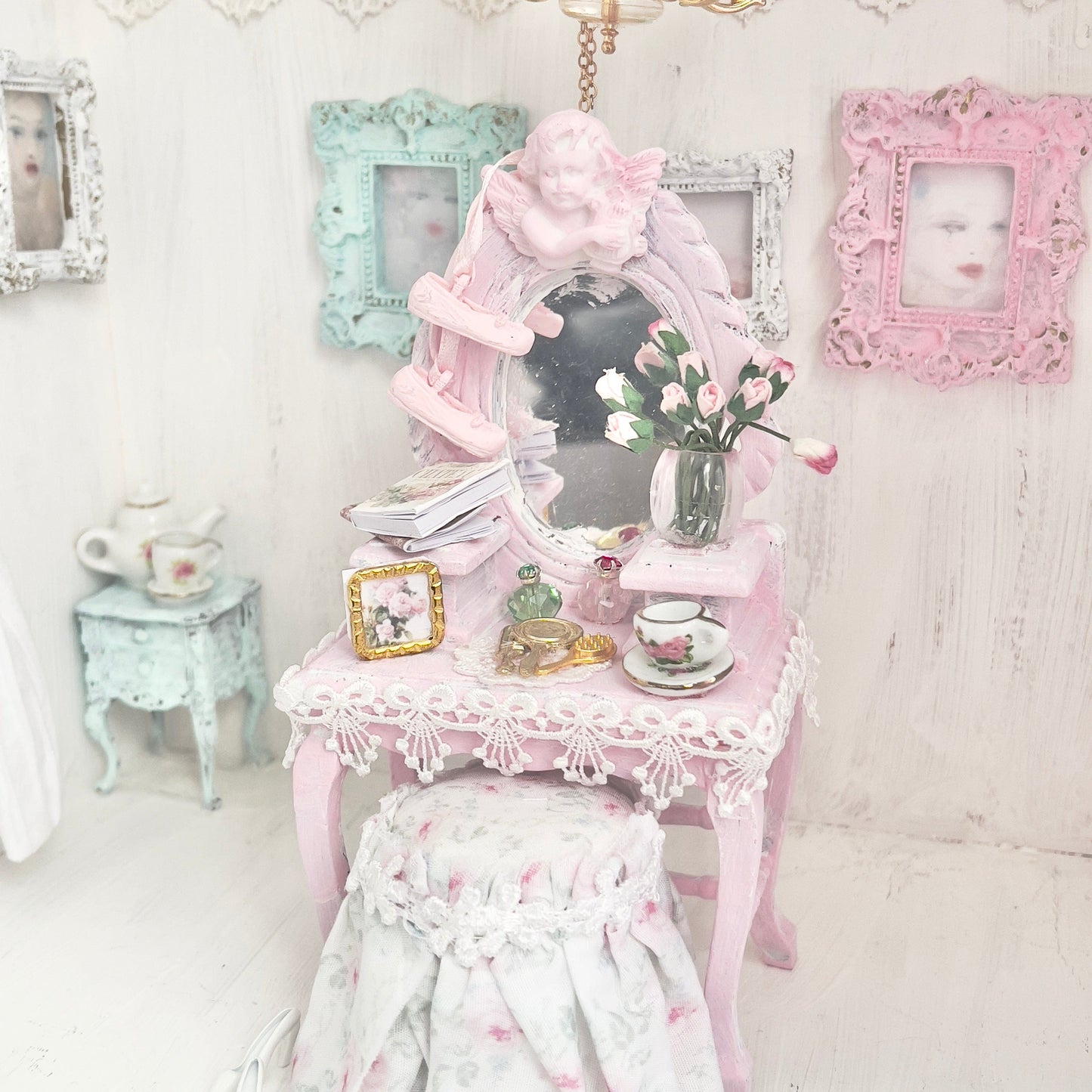 Chantallena White Bed Linens Vanity Set with Stool| Wooden Pink Distressed| Pink Château | Painted Petals Furniture