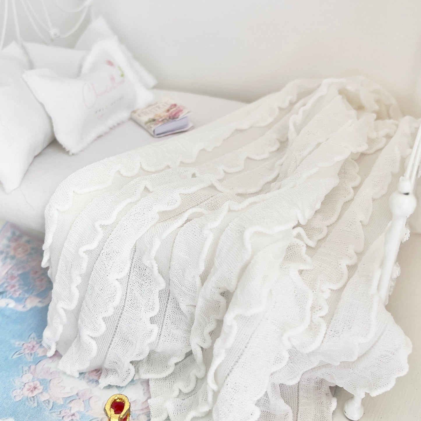 CHANTALLENA White Ruffled Knit Throw | Romantic Poly Knit Petite Ruffled Cascading Throw|At Home with Lena Marie